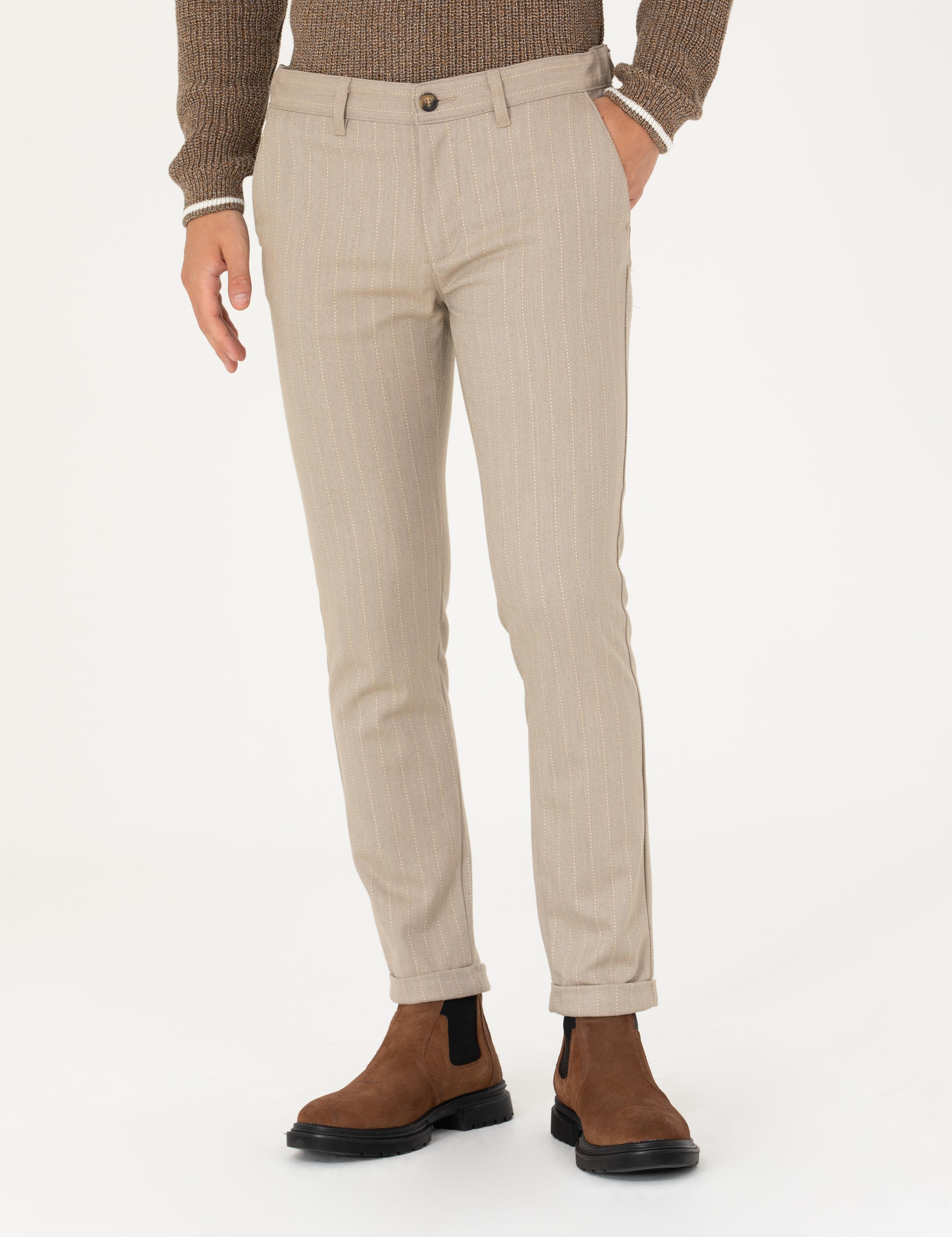 Vizon Slim Fit Çizgili Kanvas Pantolon