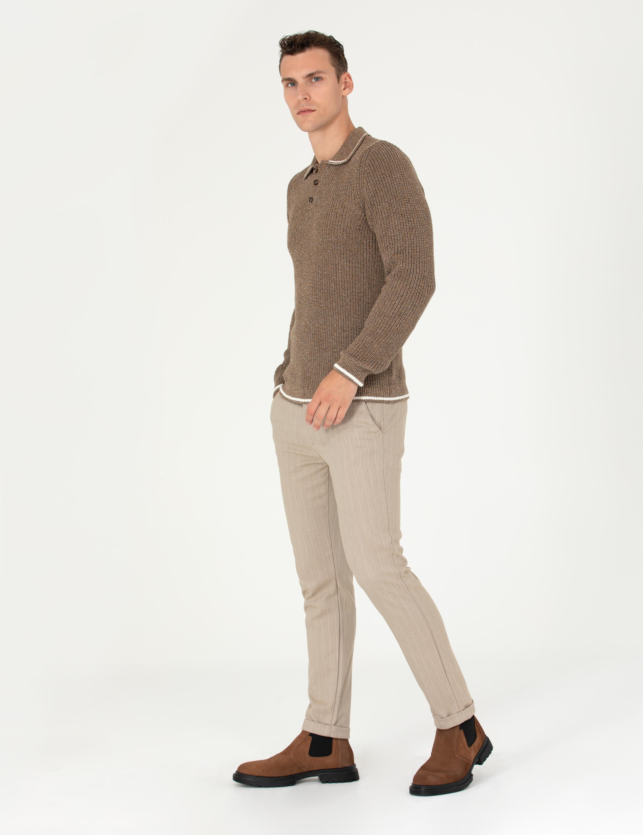 Vizon Slim Fit Çizgili Kanvas Pantolon