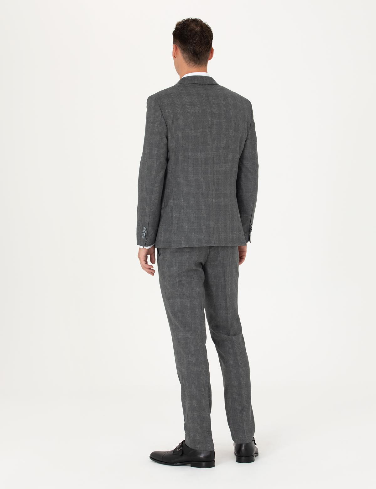 Füme Ekose Ekstra Slim Fit Yün Karışımlı Takım Elbise - 50272766008