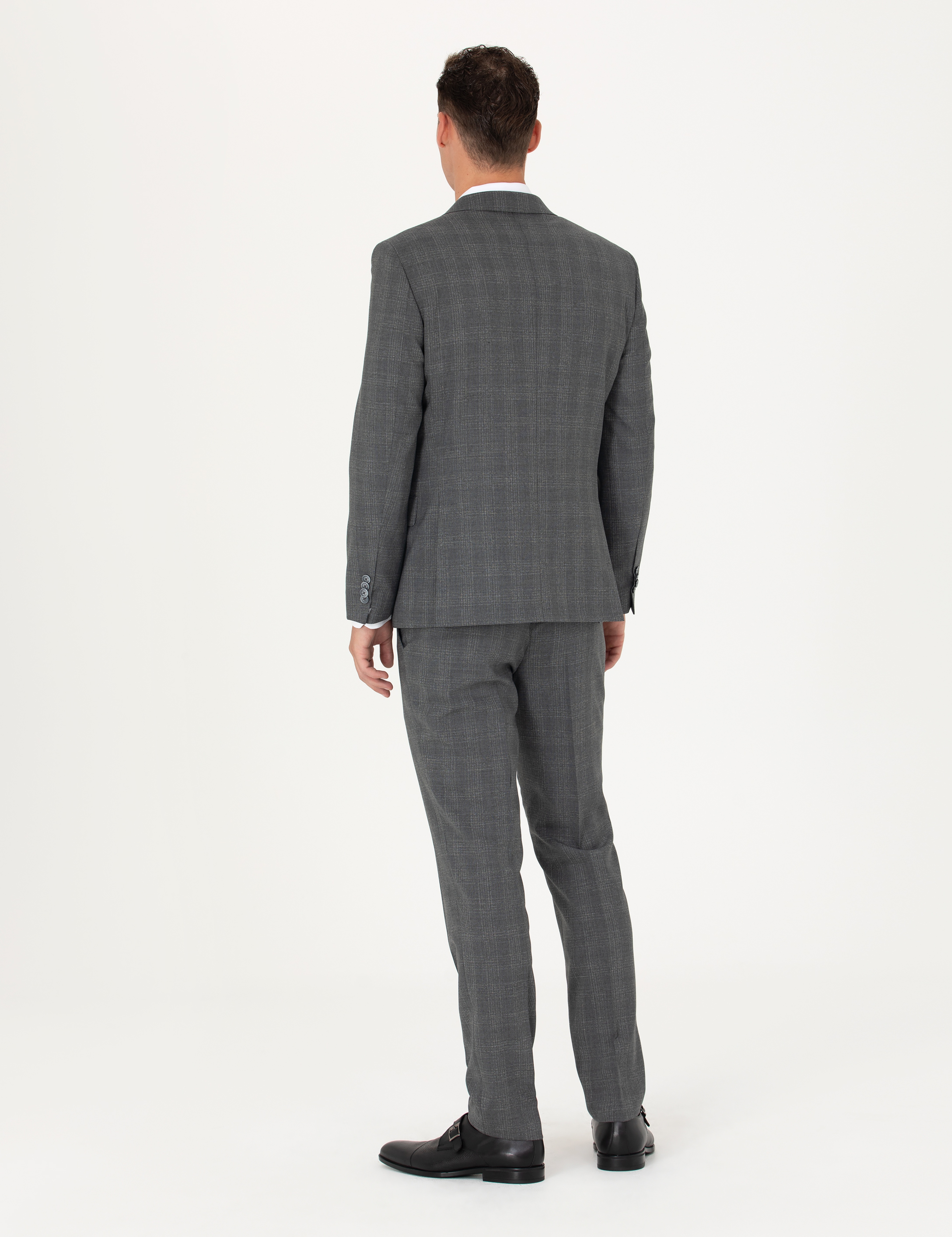 Füme Ekose Ekstra Slim Fit Yün Karışımlı Takım Elbise