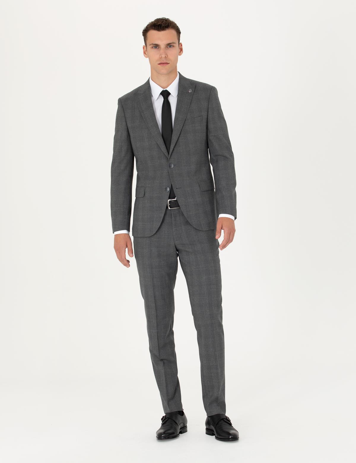 Füme Ekose Ekstra Slim Fit Yün Karışımlı Takım Elbise