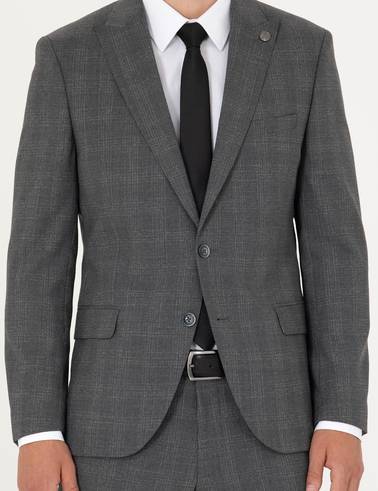 Füme Ekose Ekstra Slim Fit Yün Karışımlı Takım Elbise
