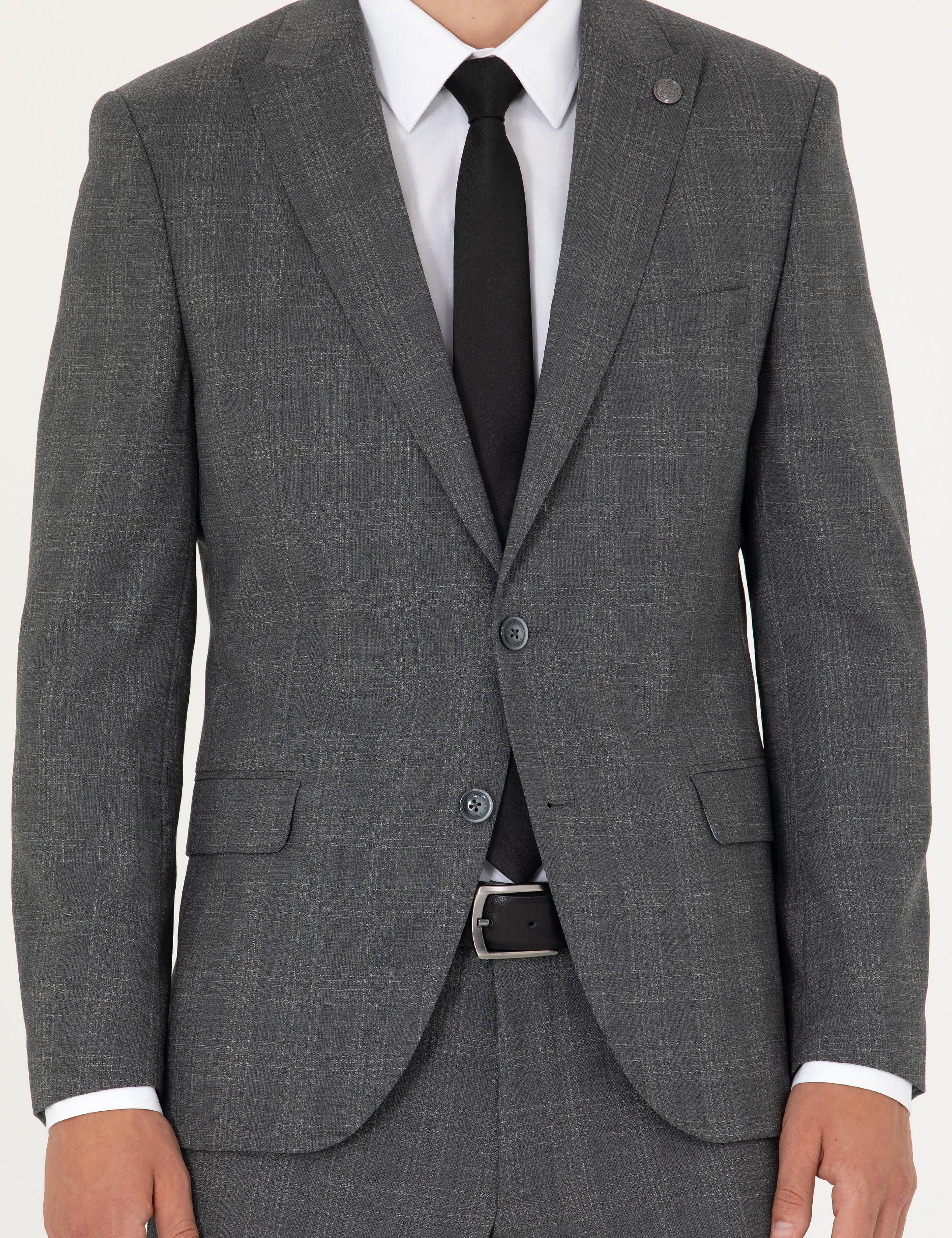 Füme Ekose Ekstra Slim Fit Yün Karışımlı Takım Elbise