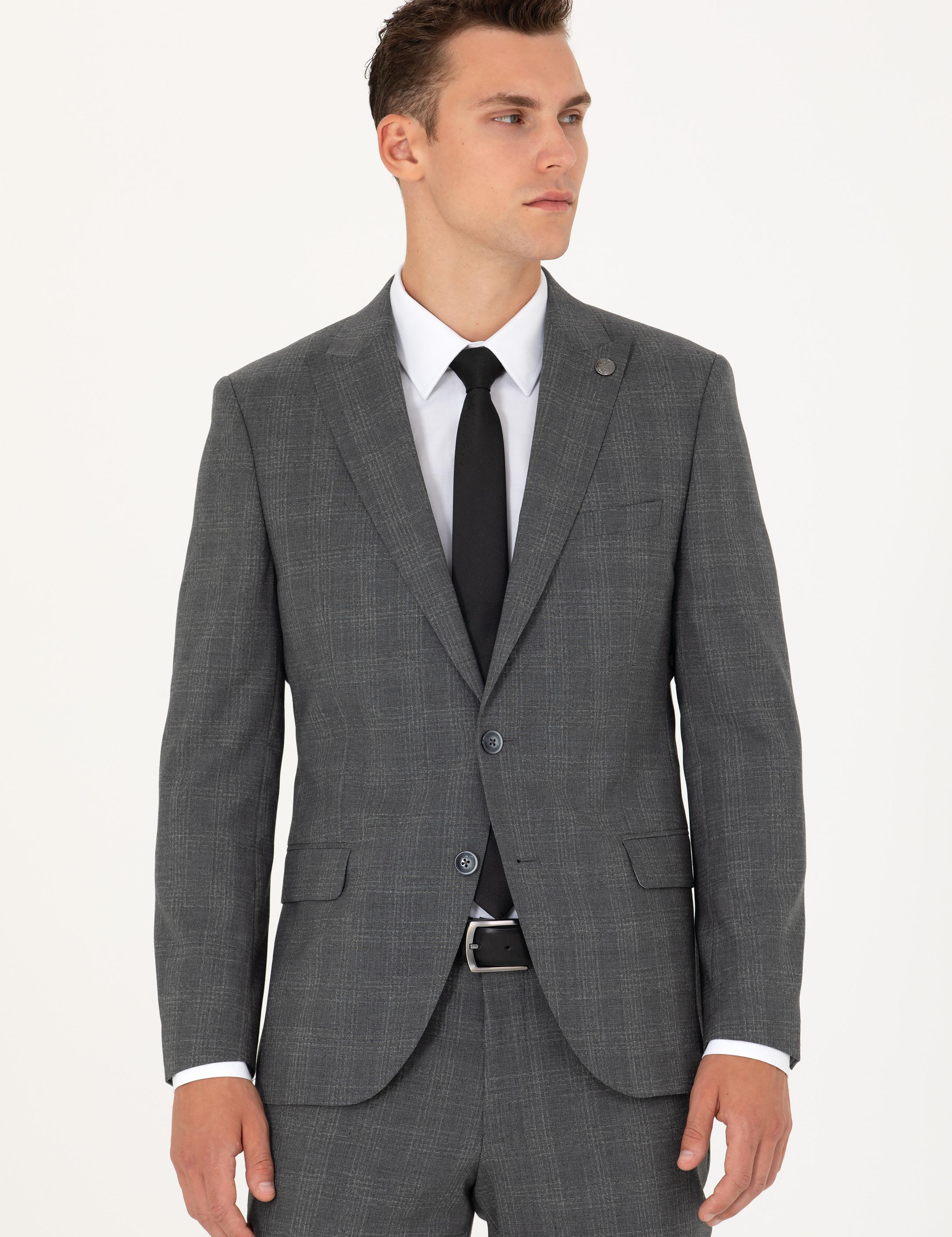 Füme Ekose Ekstra Slim Fit Yün Karışımlı Takım Elbise