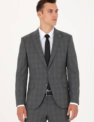 Füme Ekose Ekstra Slim Fit Yün Karışımlı Takım Elbise