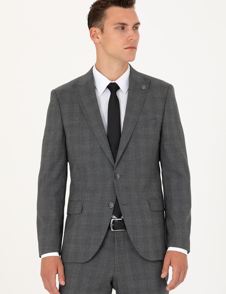 Füme Ekose Ekstra Slim Fit Yün Karışımlı Takım Elbise - 50272766008