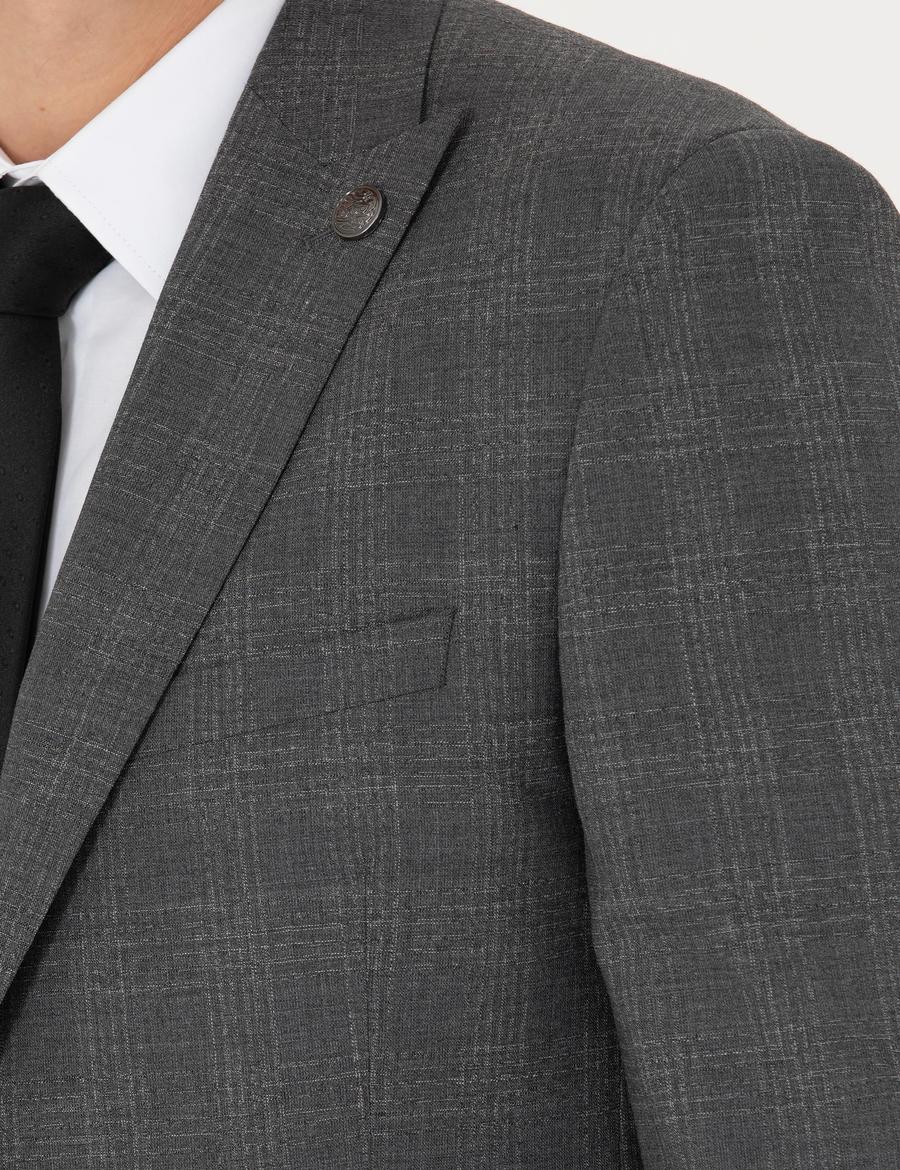 Füme Ekose Ekstra Slim Fit Yün Karışımlı Takım Elbise