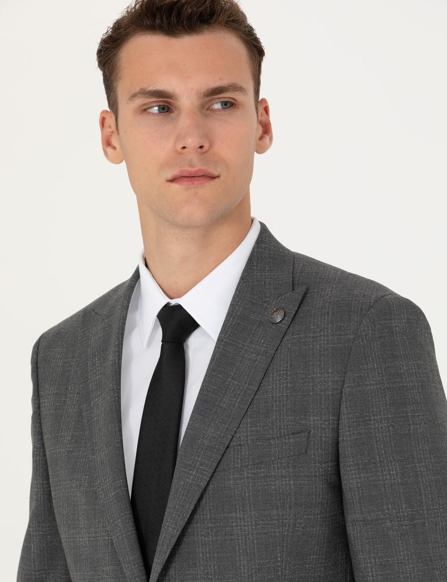 Füme Ekose Ekstra Slim Fit Yün Karışımlı Takım Elbise