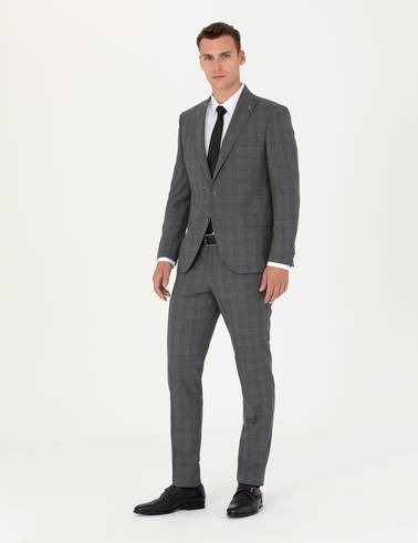 Füme Ekose Ekstra Slim Fit Yün Karışımlı Takım Elbise