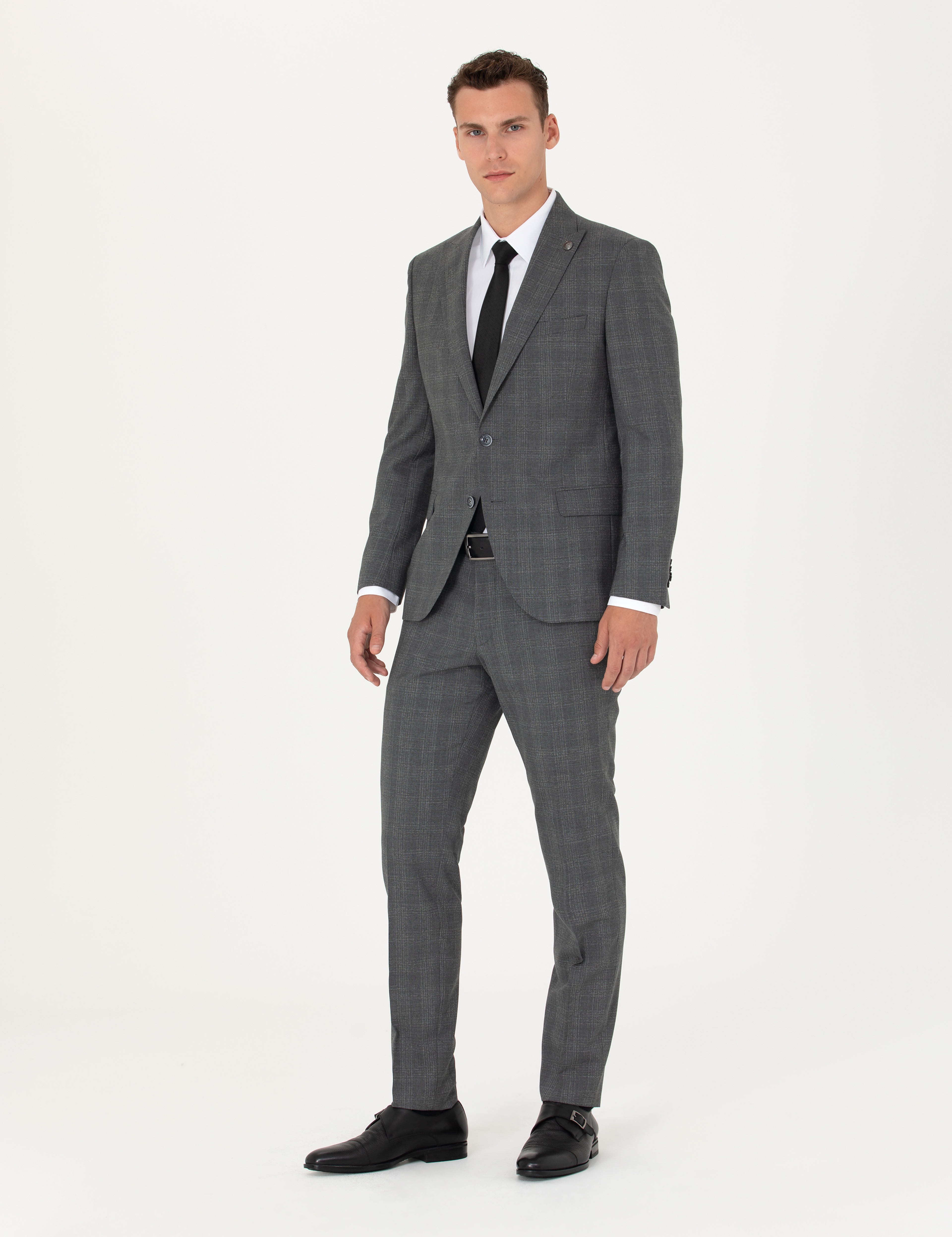 Füme Ekose Ekstra Slim Fit Yün Karışımlı Takım Elbise - Image 3