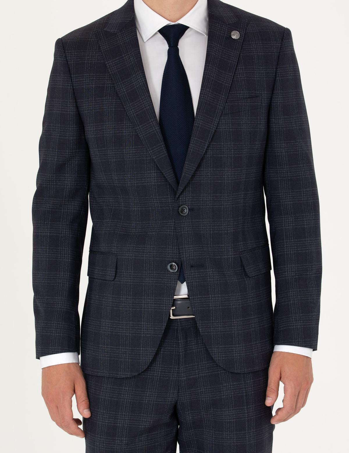 Lacivert Ekose Ekstra Slim Fit Yün Karışımlı Takım Elbise - 50272766044