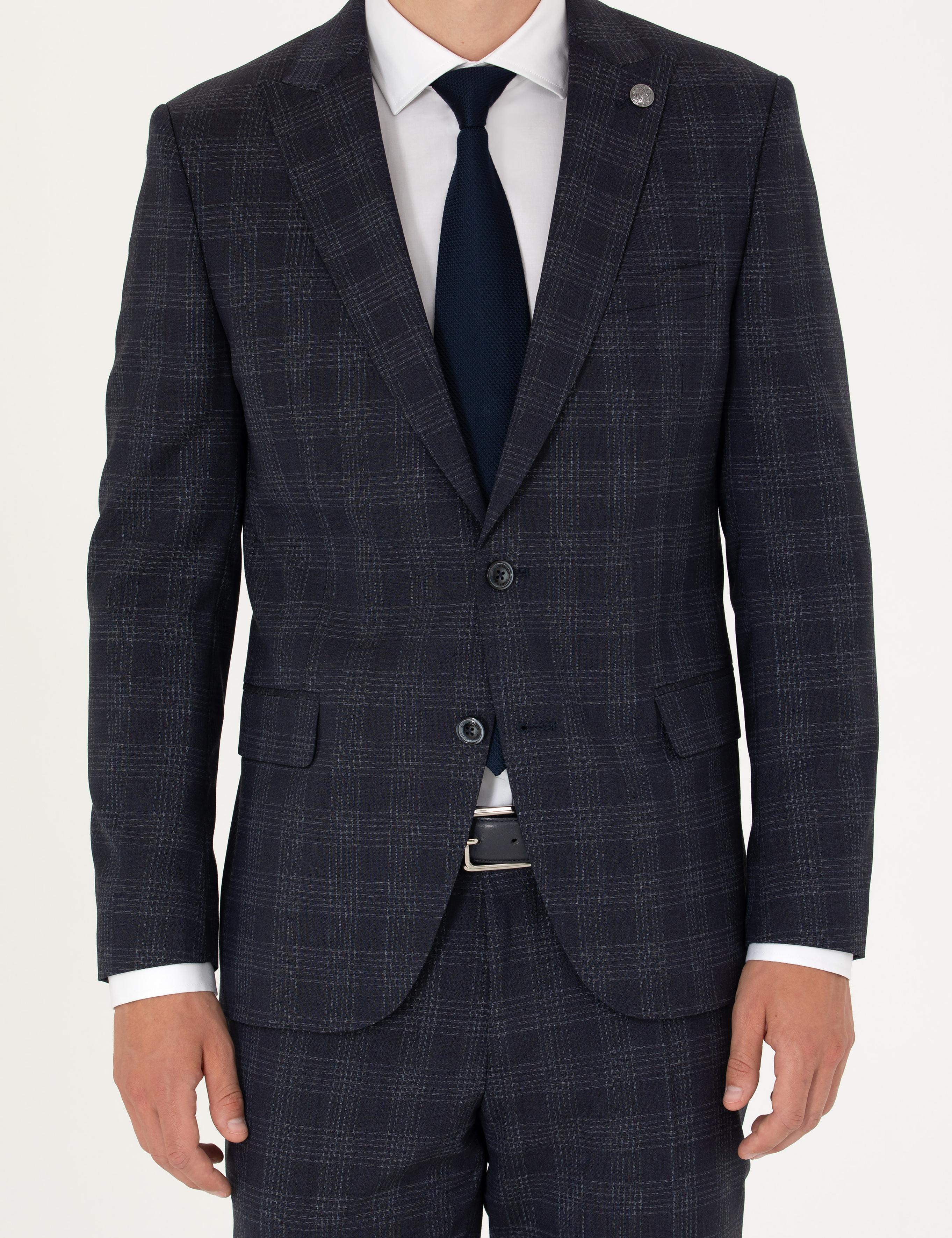 Lacivert Ekose Ekstra Slim Fit Yün Karışımlı Takım Elbise