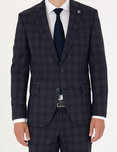 Lacivert Ekose Ekstra Slim Fit Yün Karışımlı Takım Elbise