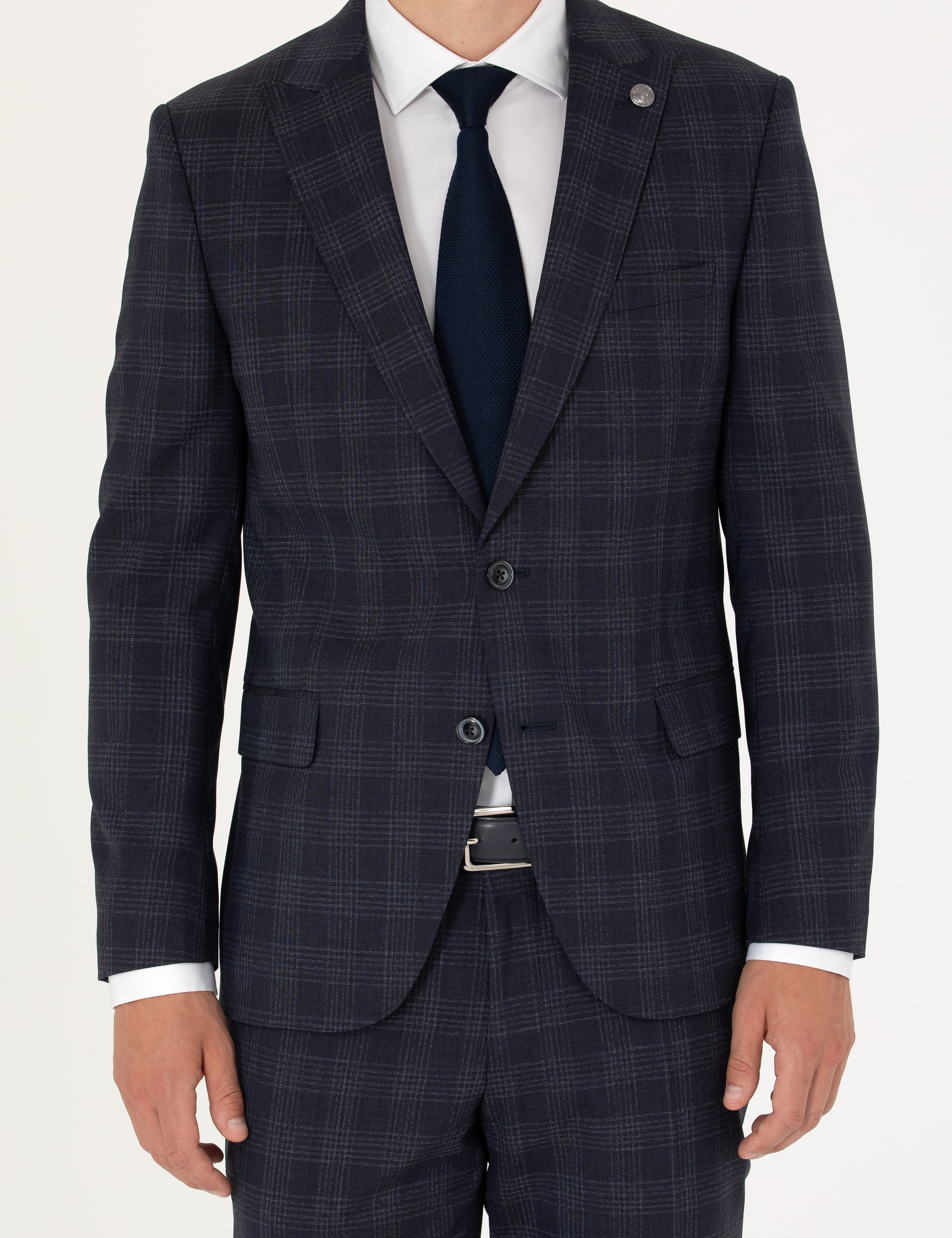 Lacivert Ekose Ekstra Slim Fit Yün Karışımlı Takım Elbise