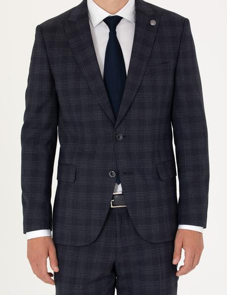 Lacivert Ekose Ekstra Slim Fit Yün Karışımlı Takım Elbise - 50272766044