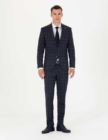 Lacivert Ekose Ekstra Slim Fit Yün Karışımlı Takım Elbise