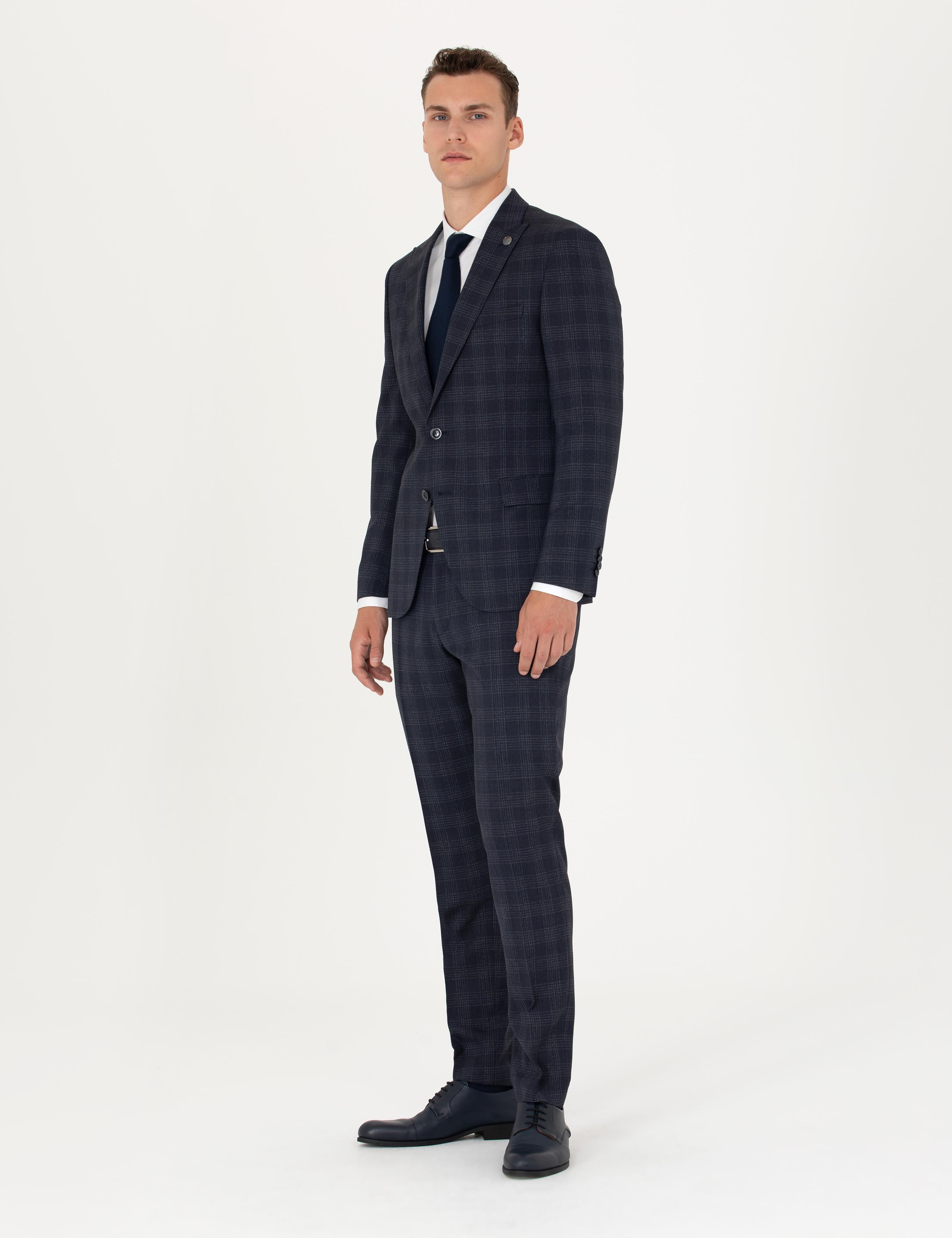 Lacivert Ekose Ekstra Slim Fit Yün Karışımlı Takım Elbise