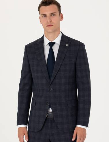 Lacivert Ekose Ekstra Slim Fit Yün Karışımlı Takım Elbise