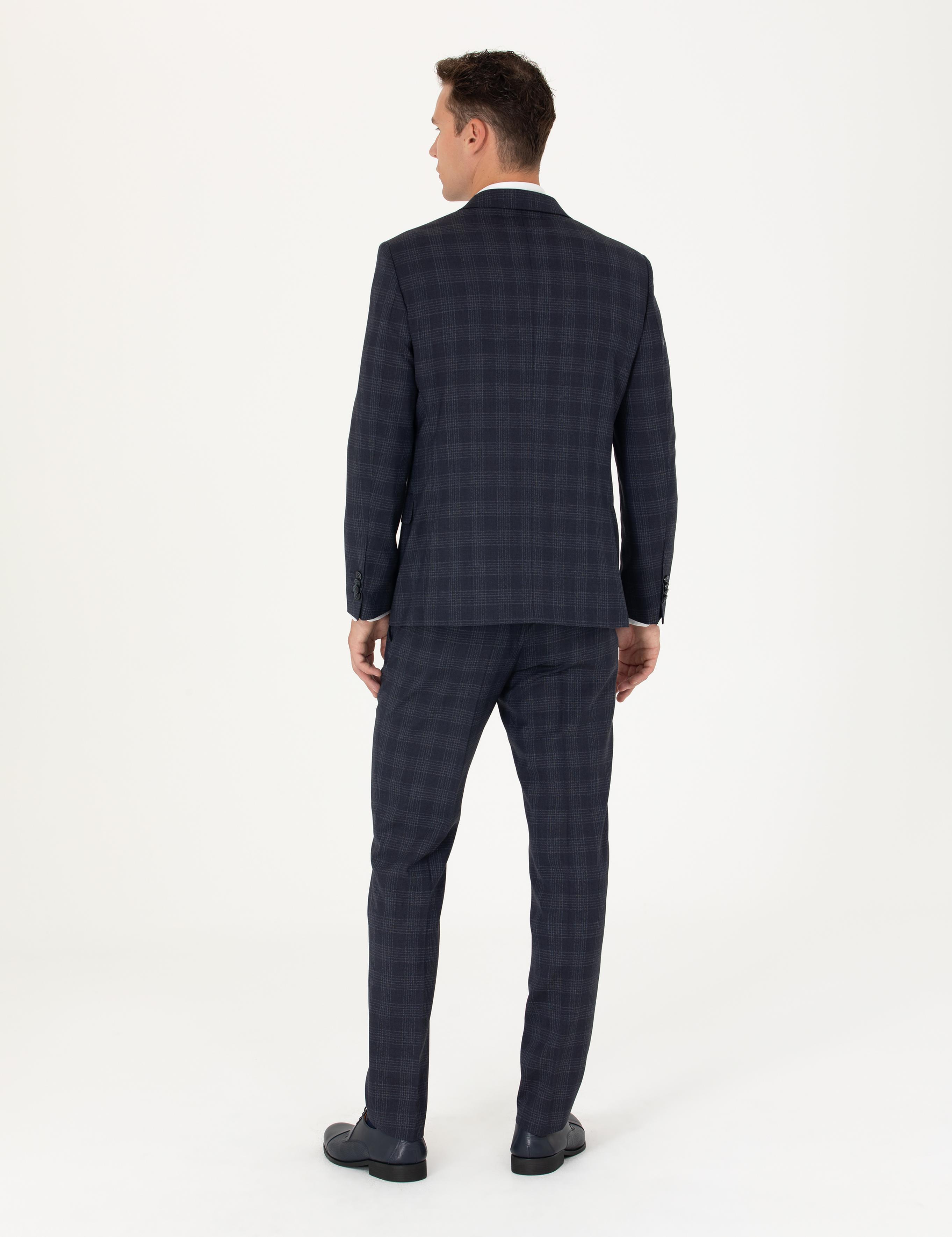 Lacivert Ekose Ekstra Slim Fit Yün Karışımlı Takım Elbise