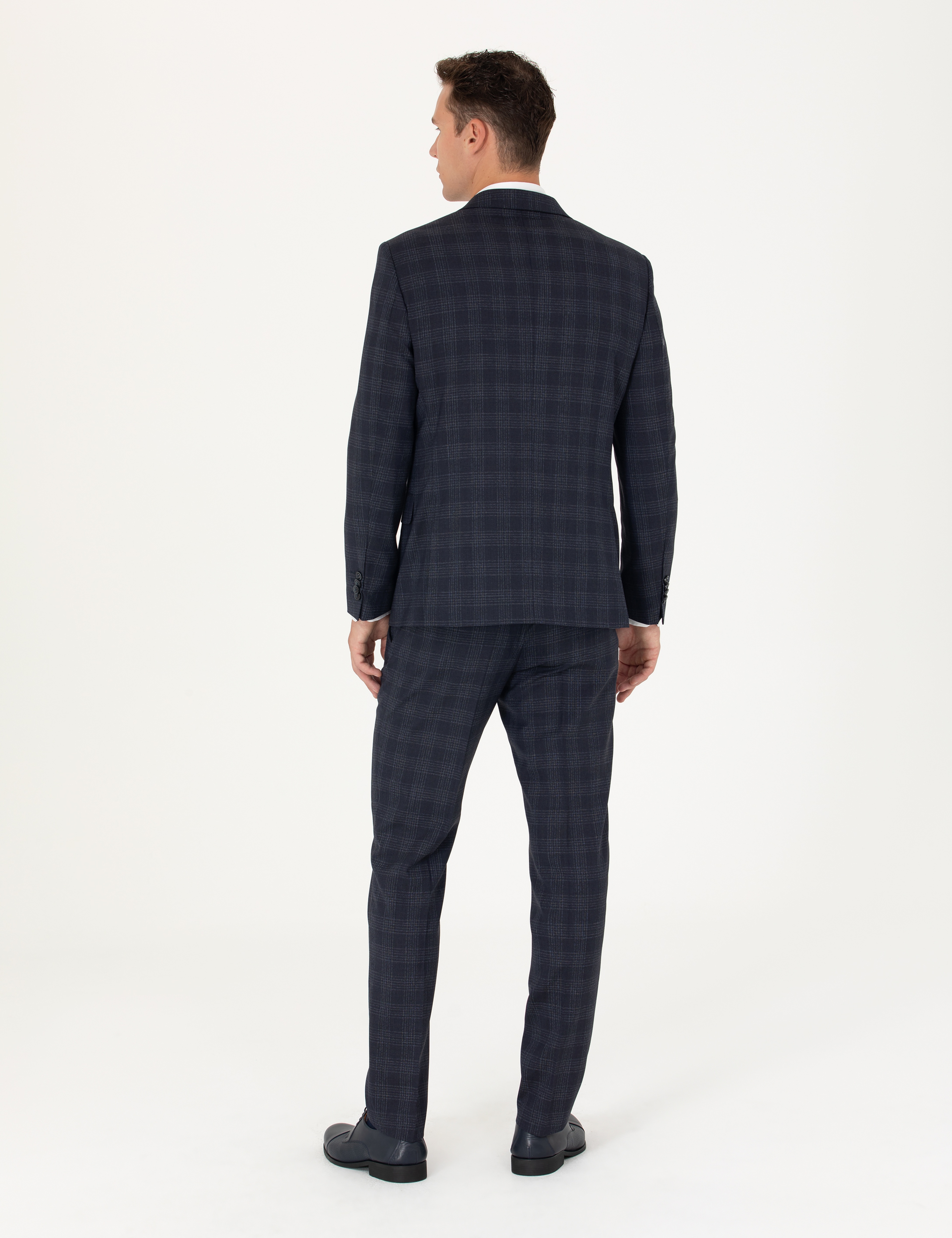 Lacivert Ekose Ekstra Slim Fit Yün Karışımlı Takım Elbise