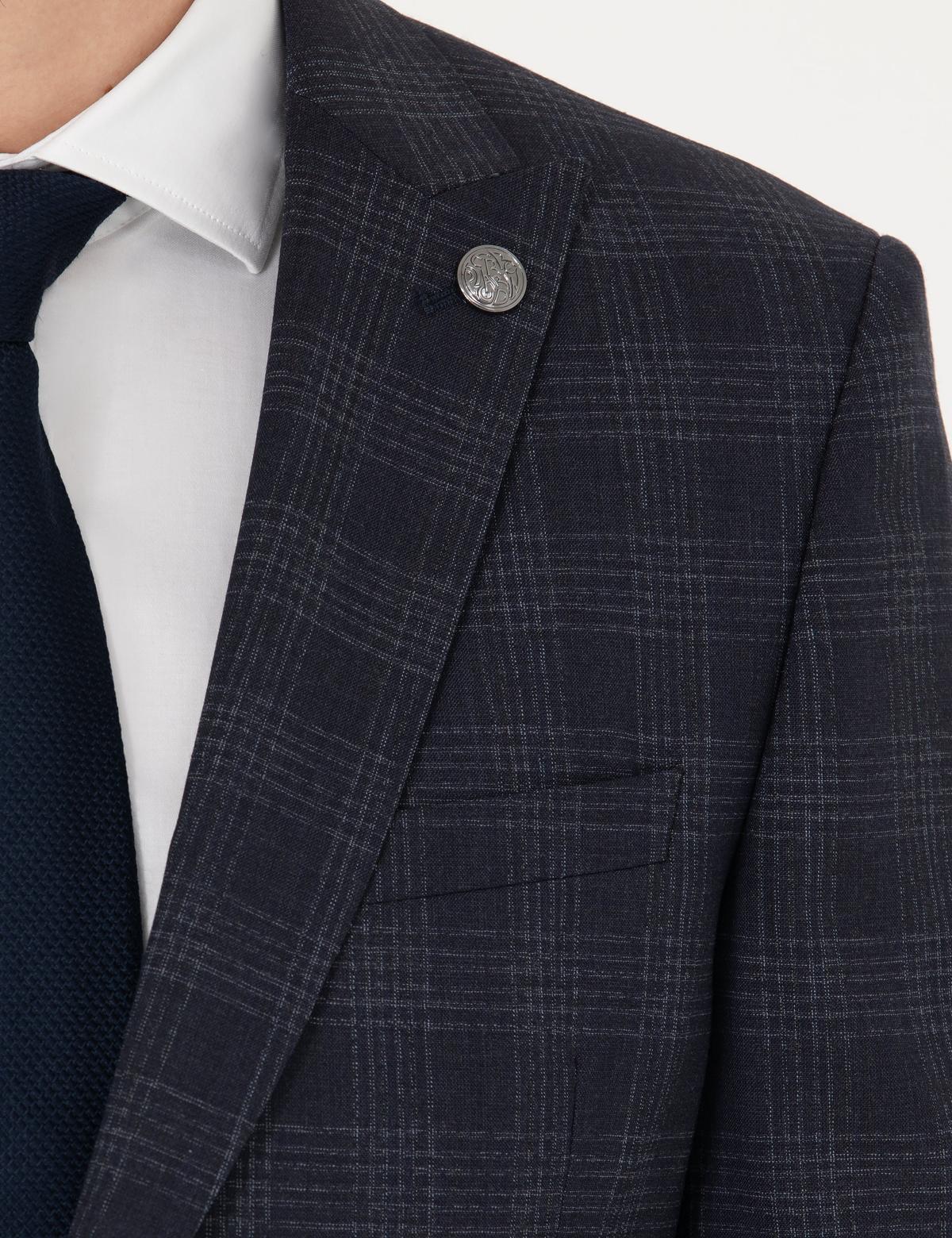 Lacivert Ekose Ekstra Slim Fit Yün Karışımlı Takım Elbise - 50272766044