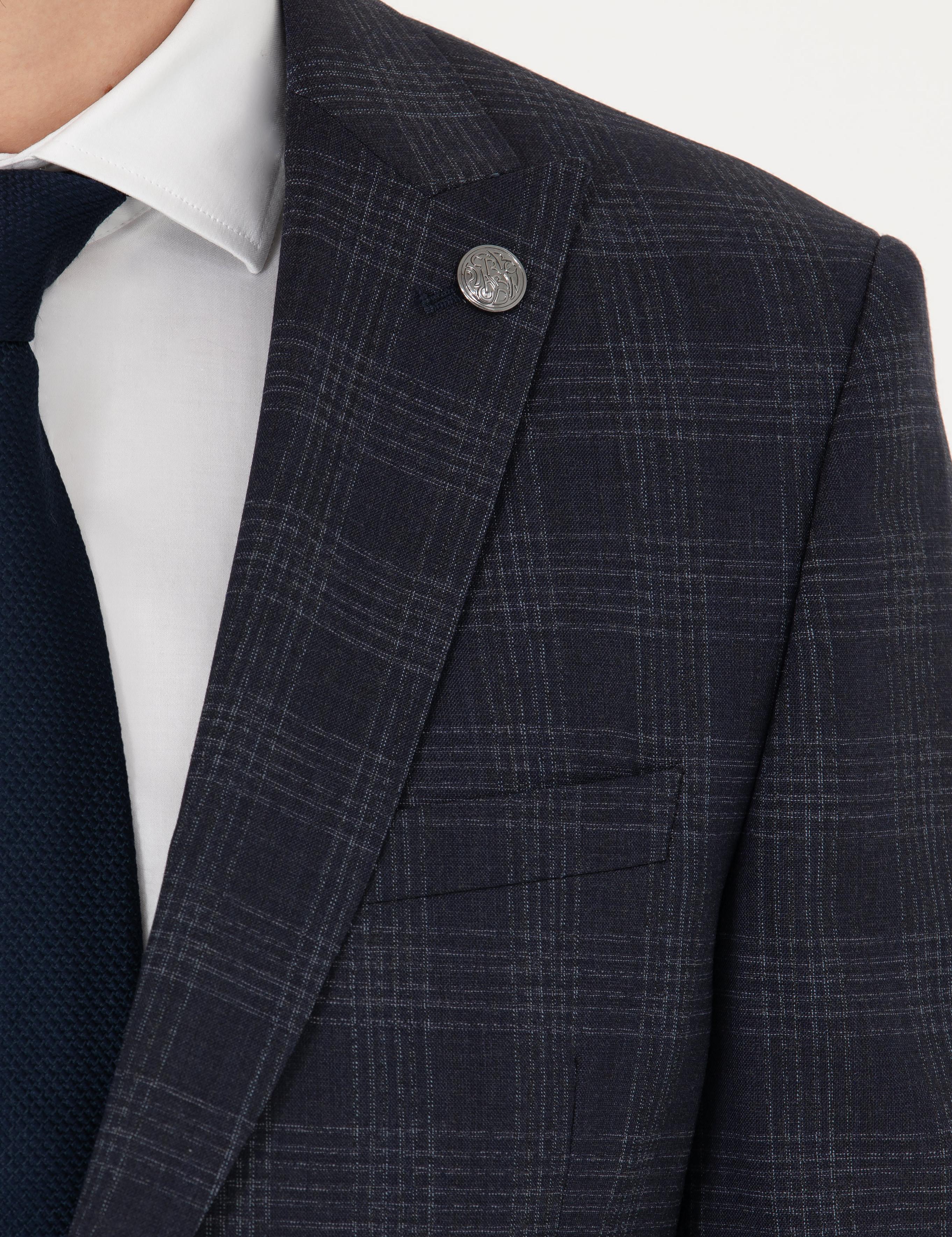 Lacivert Ekose Ekstra Slim Fit Yün Karışımlı Takım Elbise