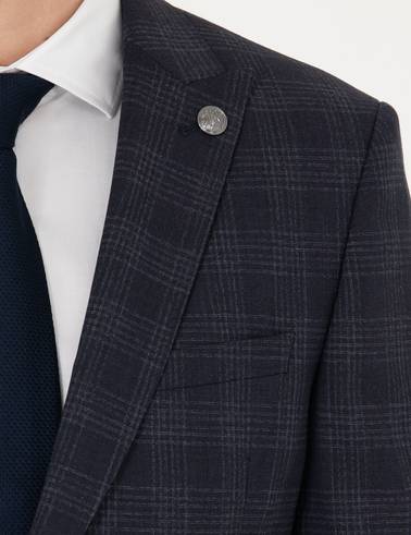 Lacivert Ekose Ekstra Slim Fit Yün Karışımlı Takım Elbise