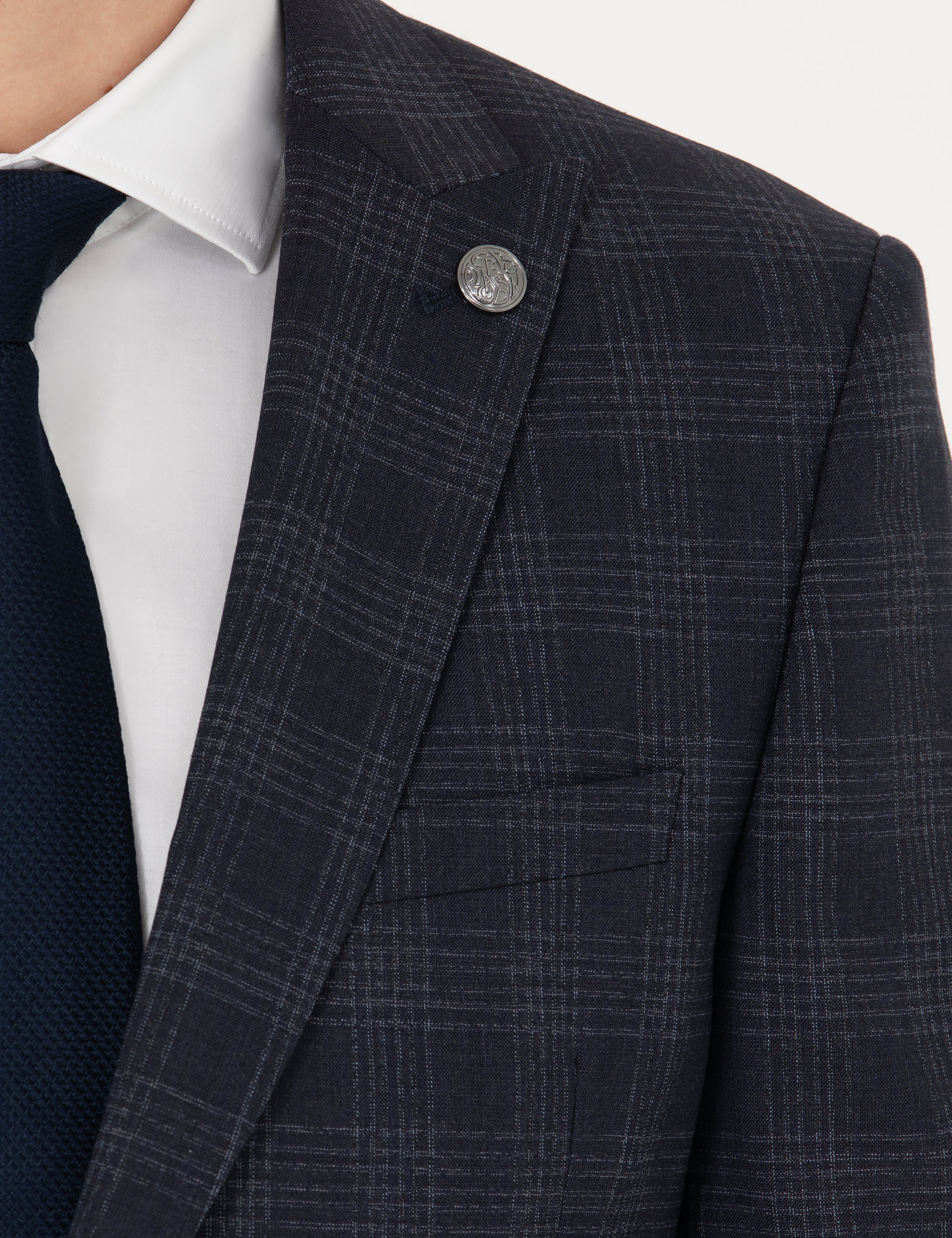 Lacivert Ekose Ekstra Slim Fit Yün Karışımlı Takım Elbise