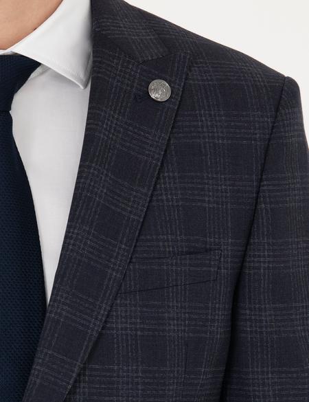 Lacivert Ekose Ekstra Slim Fit Yün Karışımlı Takım Elbise - 50272766044