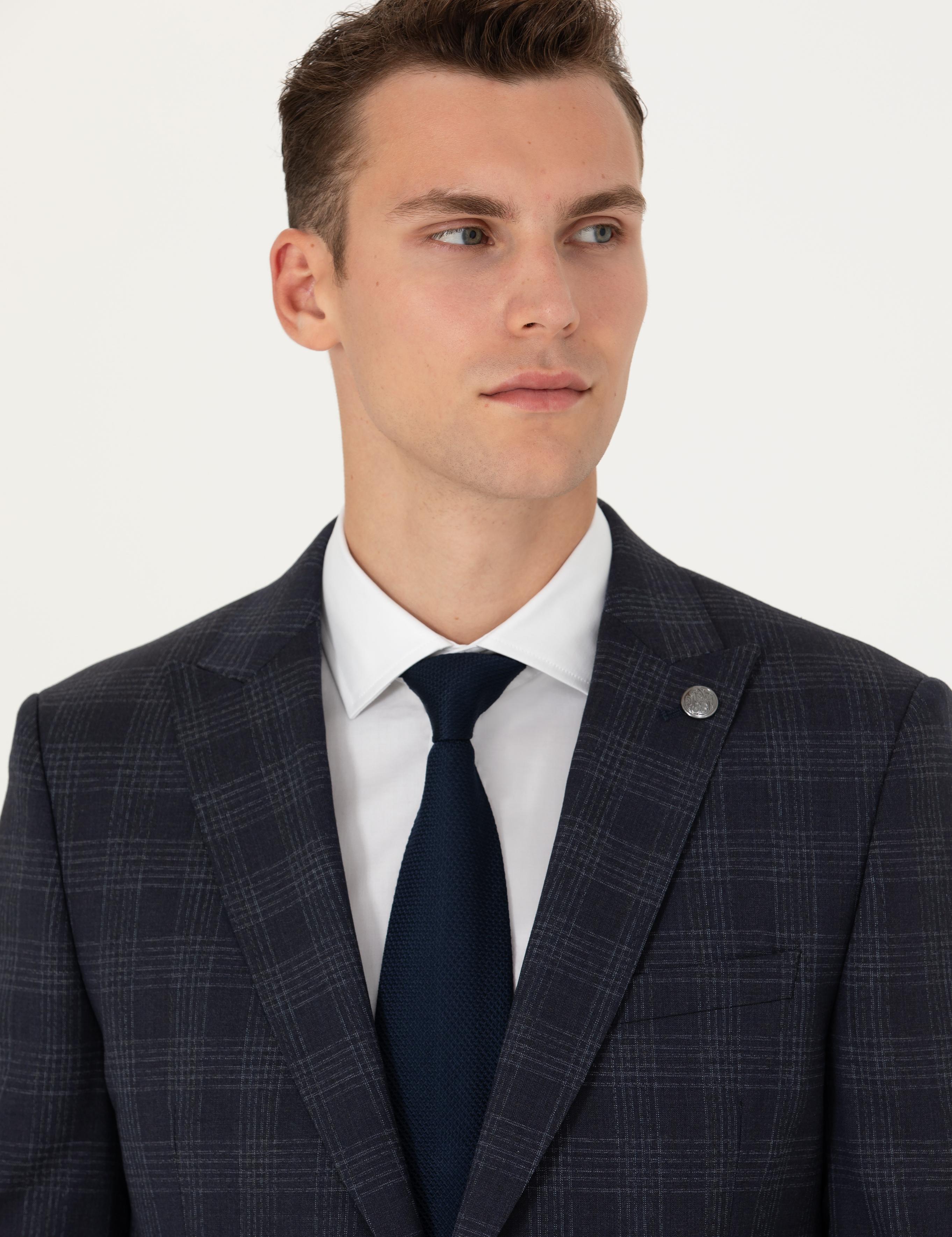 Lacivert Ekose Ekstra Slim Fit Yün Karışımlı Takım Elbise