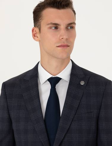 Lacivert Ekose Ekstra Slim Fit Yün Karışımlı Takım Elbise