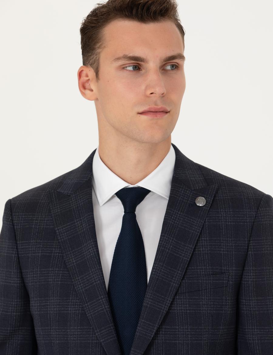 Lacivert Ekose Ekstra Slim Fit Yün Karışımlı Takım Elbise