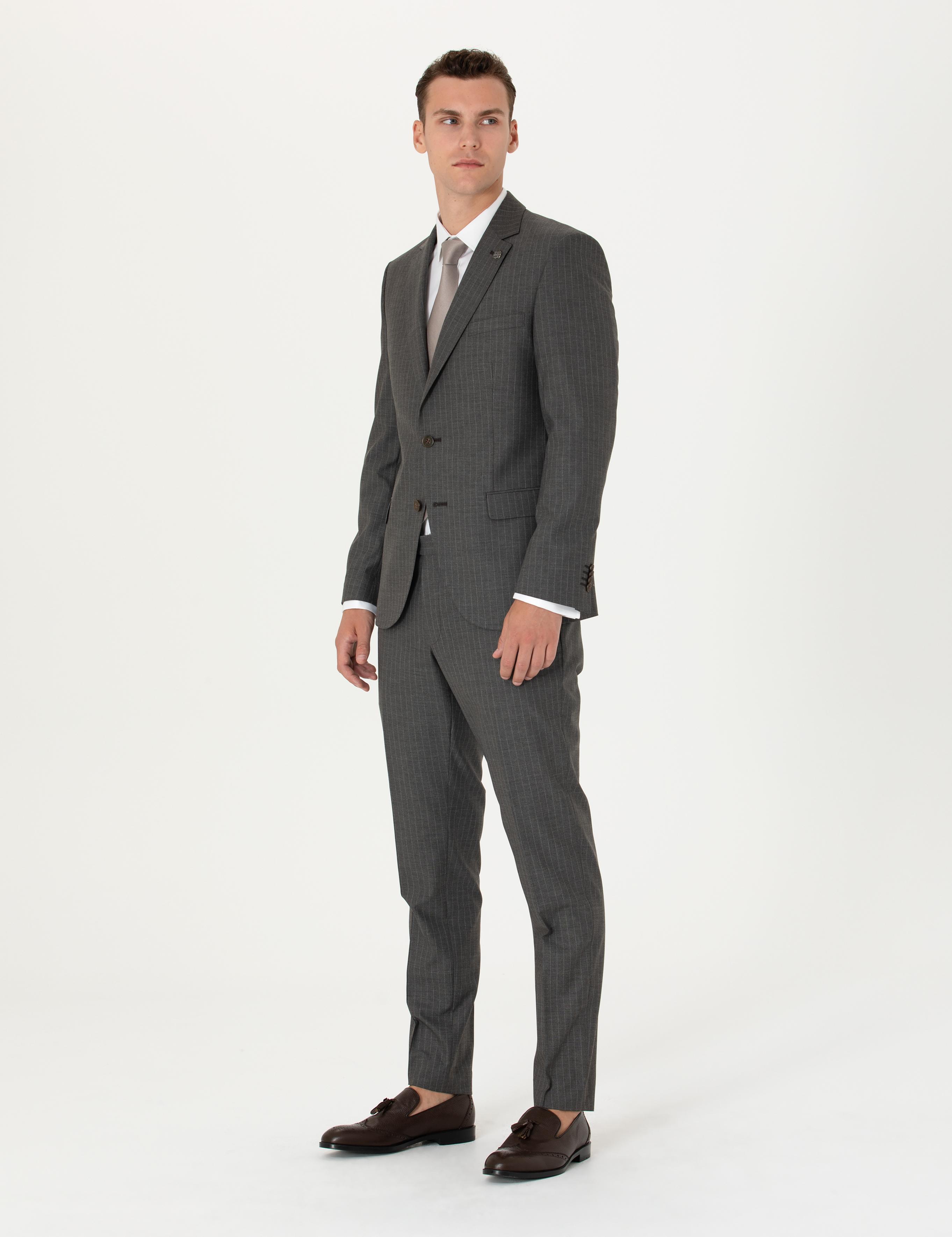 Kahverengi Çizgili Ex.Slim Fit Takım Elbise