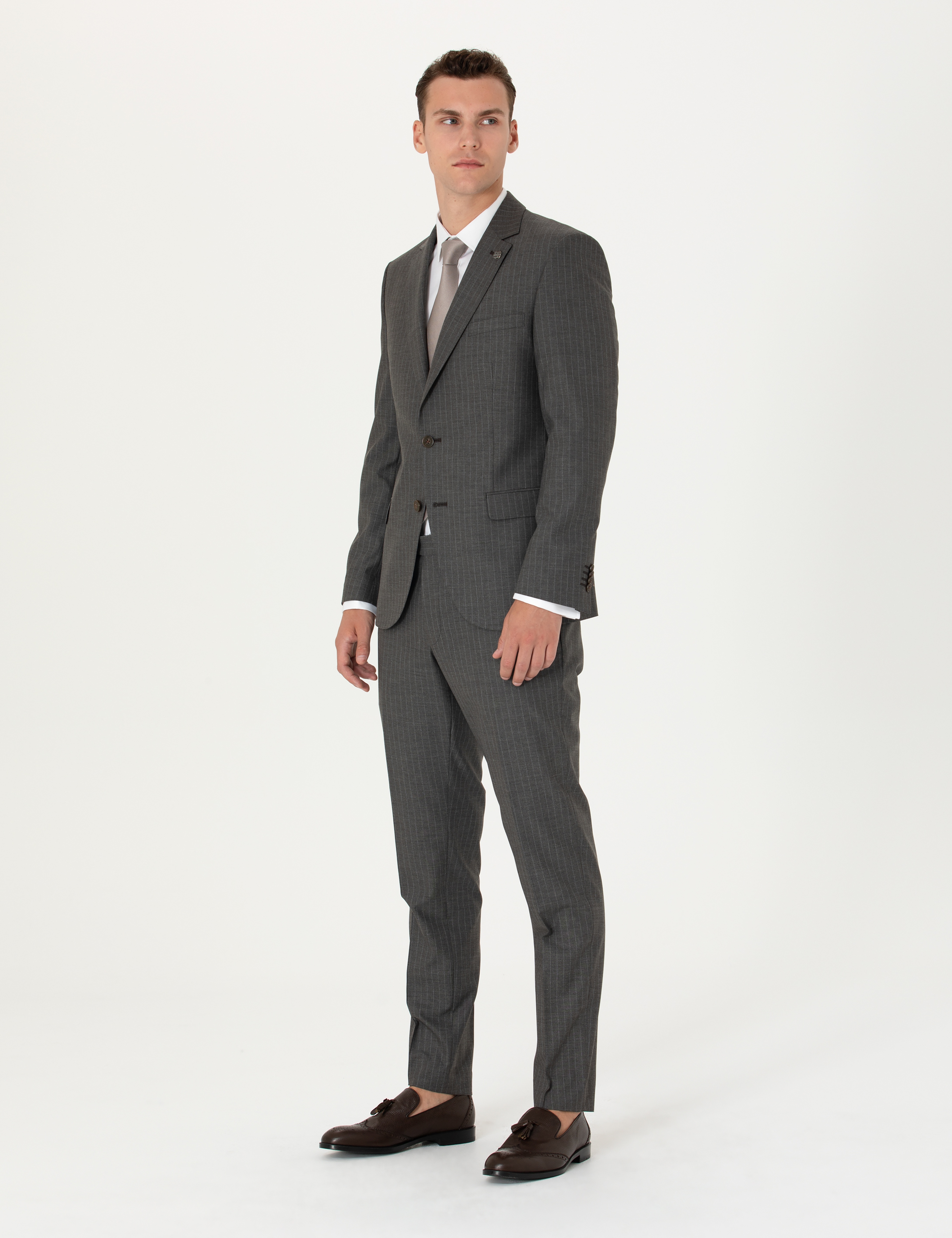 Kahverengi Çizgili Ex.Slim Fit Takım Elbise - Image 3