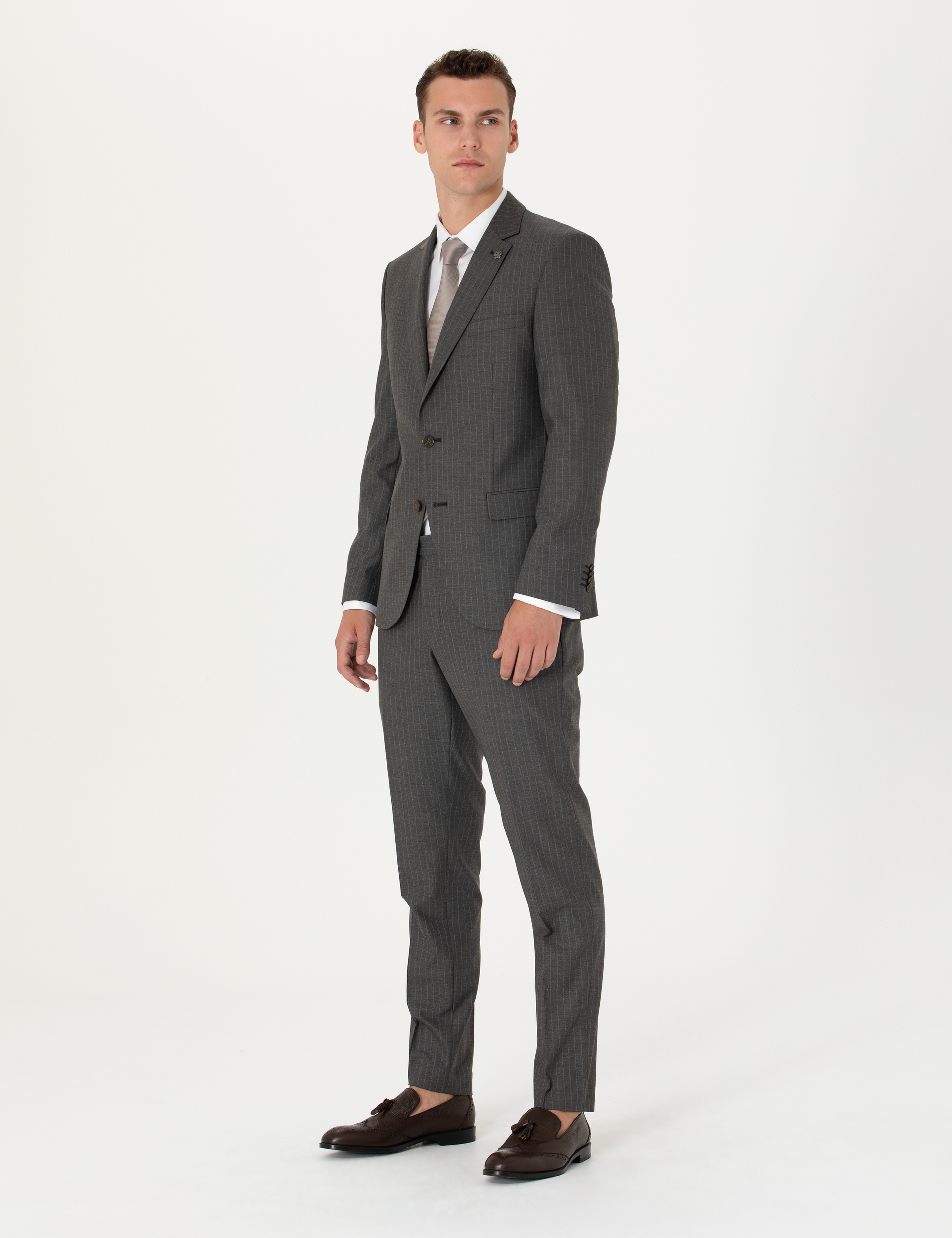 Kahverengi Çizgili Ex.Slim Fit Takım Elbise