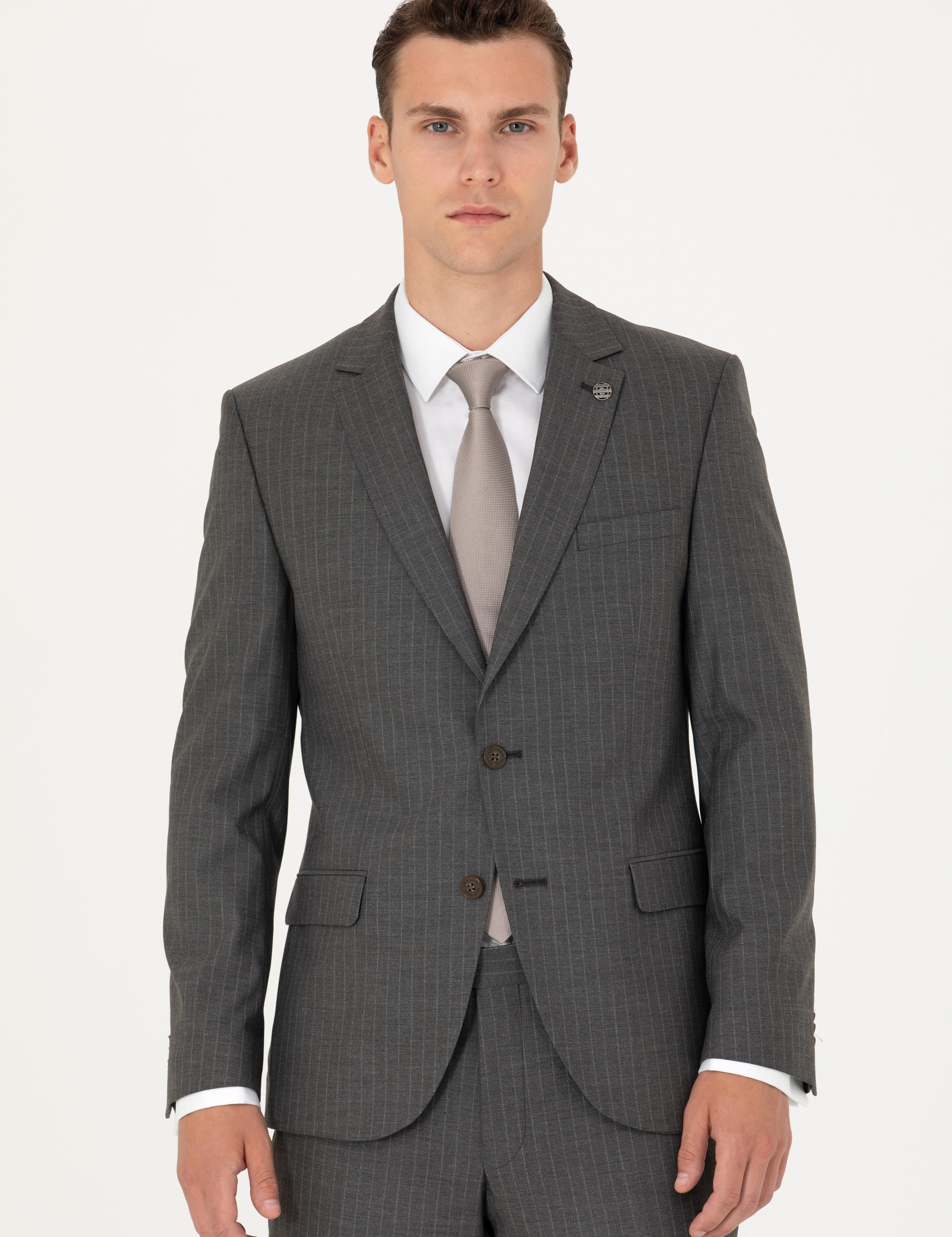 Kahverengi Çizgili Ex.Slim Fit Takım Elbise