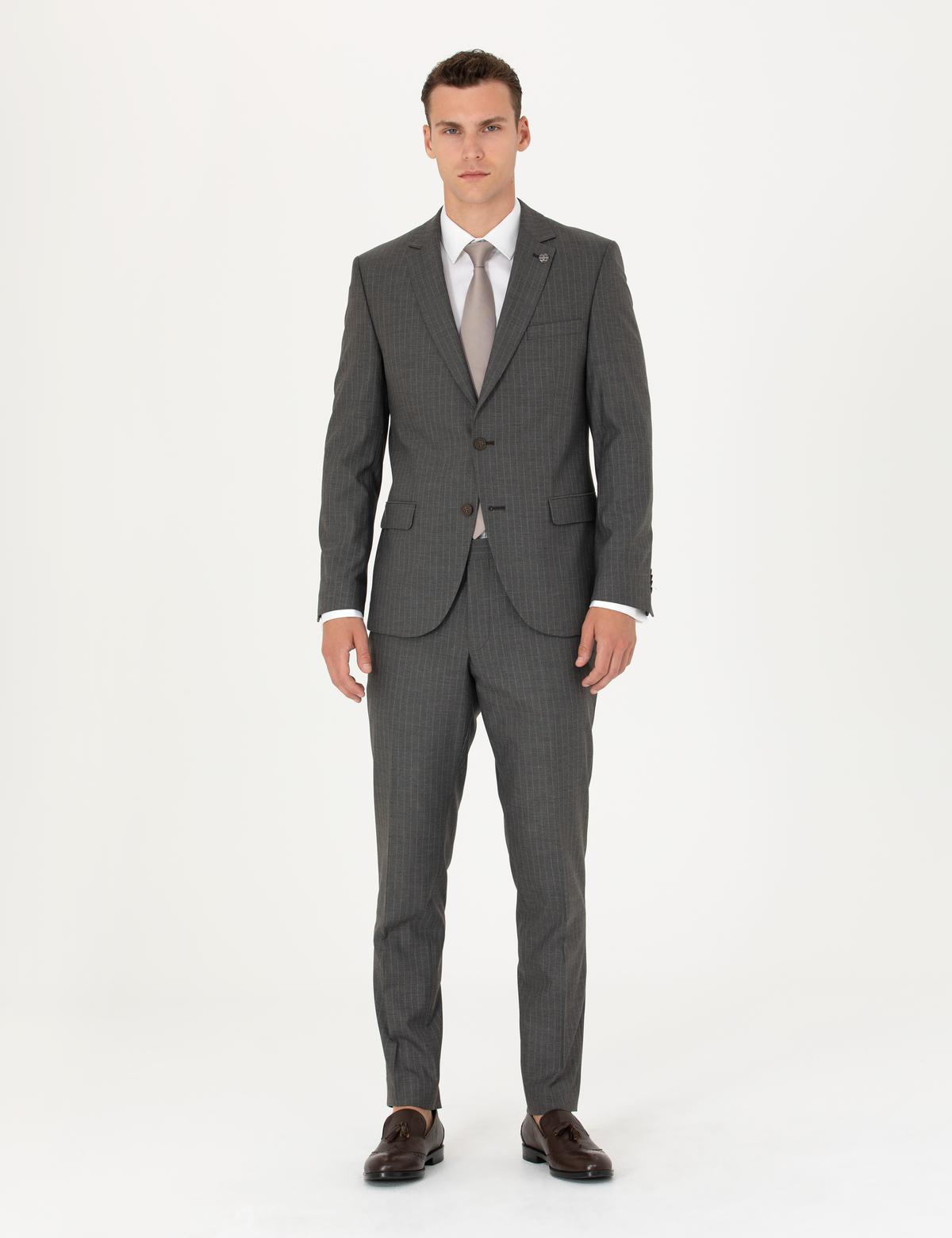 Kahverengi Çizgili Ex.Slim Fit Takım Elbise