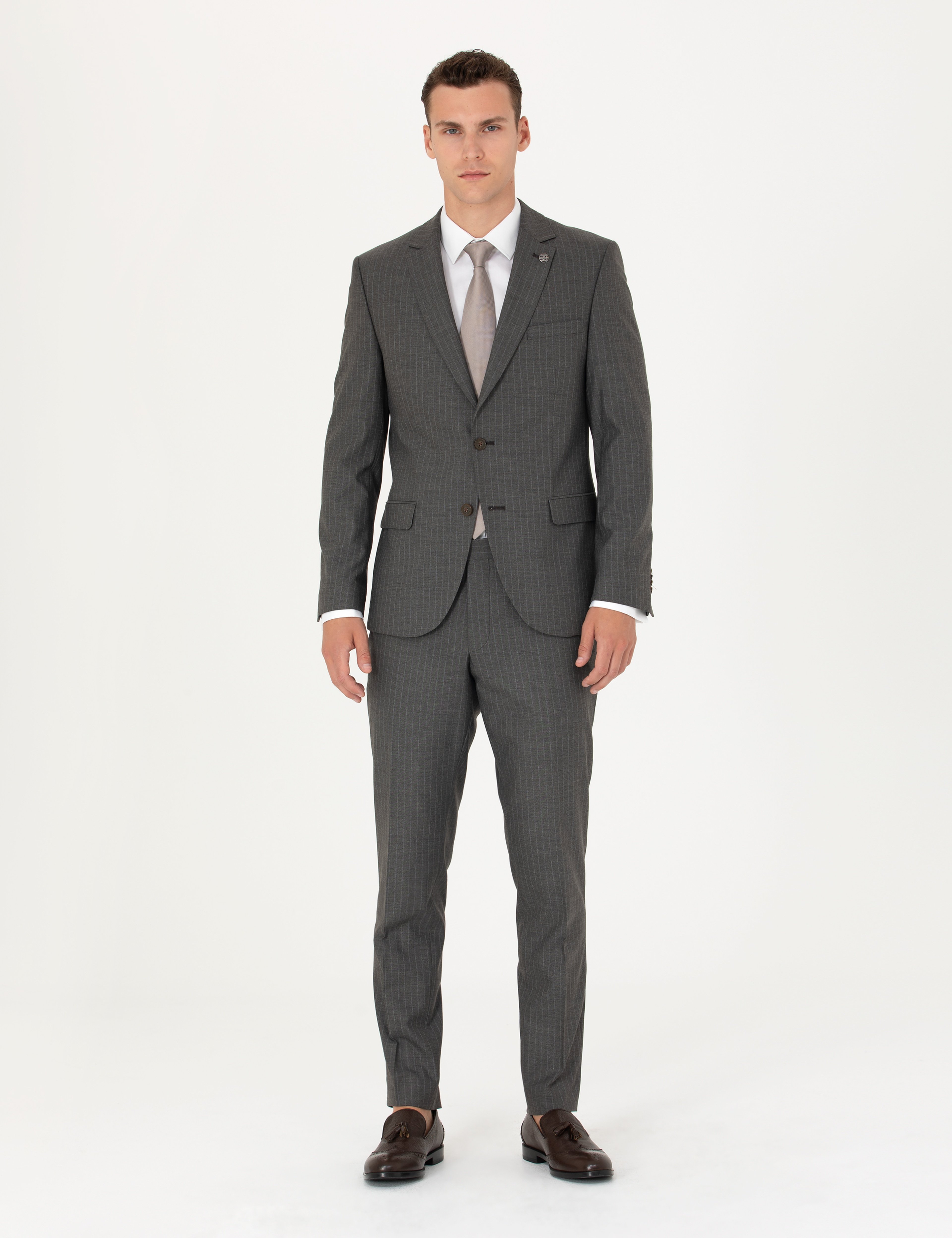 Kahverengi Çizgili Ex.Slim Fit Takım Elbise - Image 1