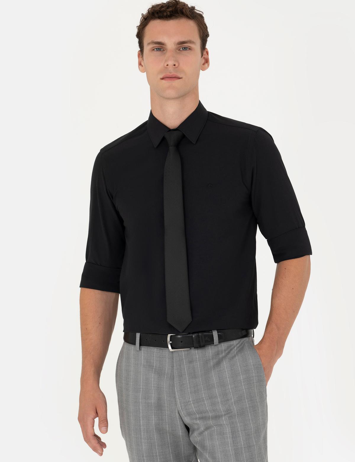 Siyah Slim Fit Uzun Kollu Klasik Gömlek