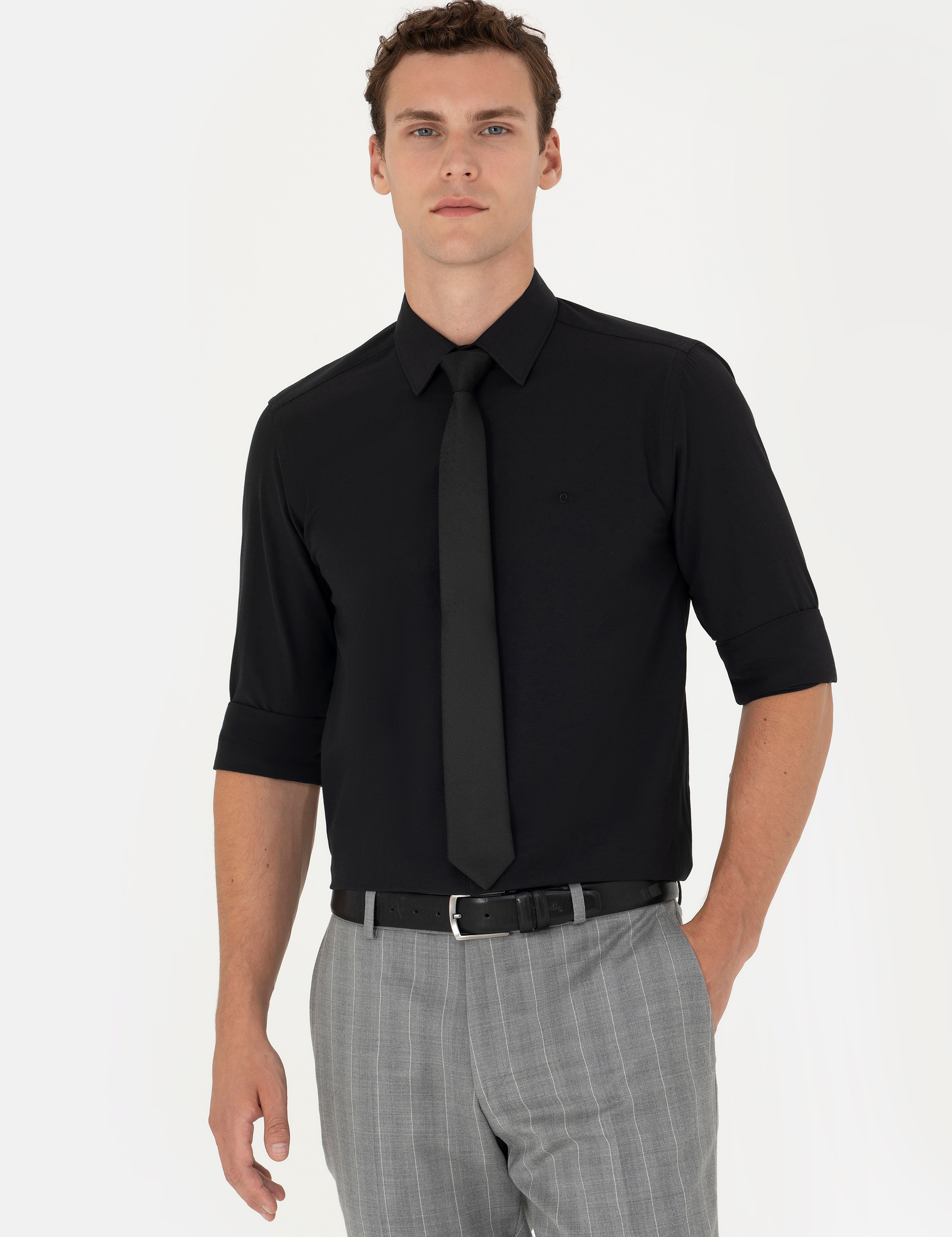 Siyah Slim Fit Uzun Kollu Klasik Gömlek - Image 1