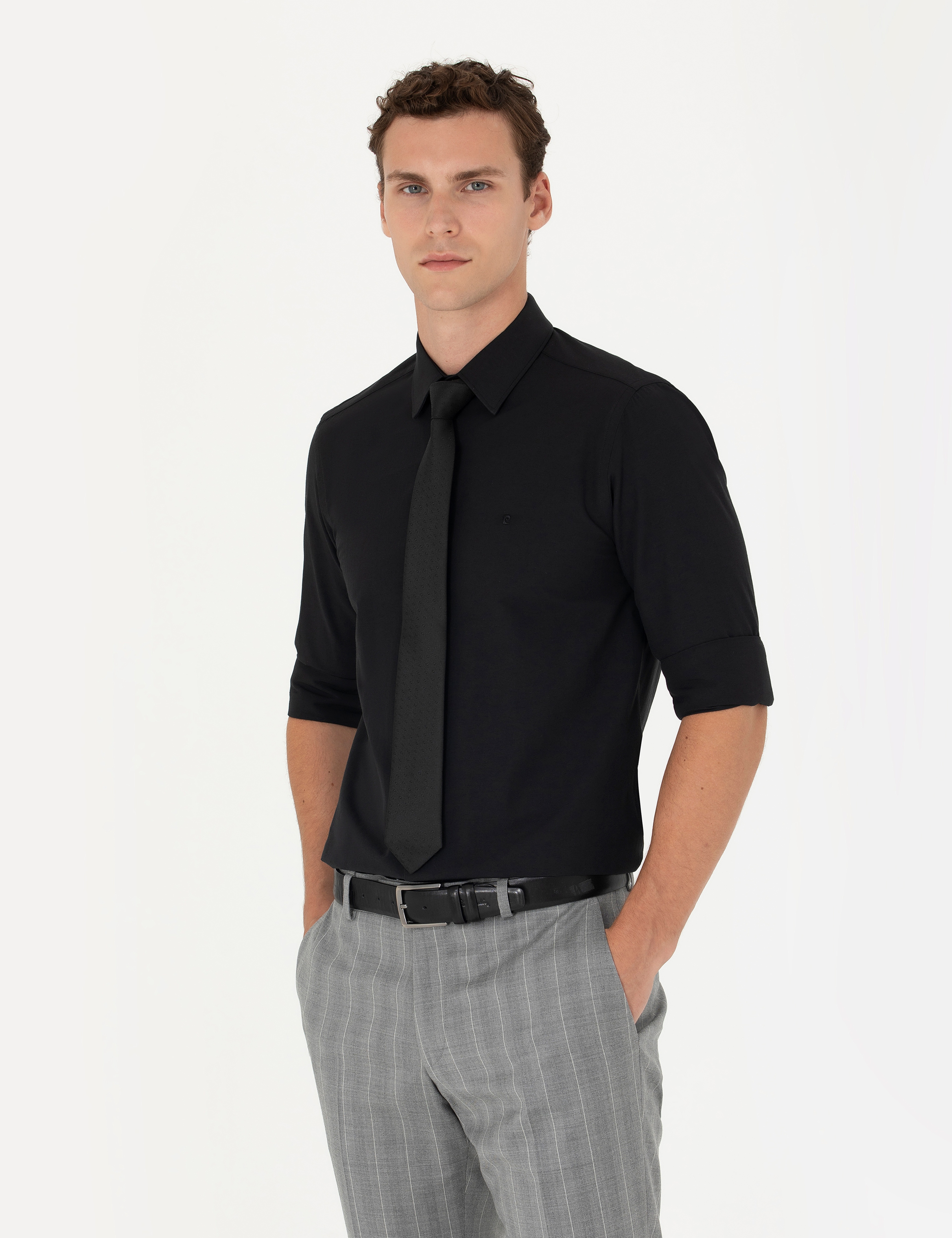 Siyah Slim Fit Uzun Kollu Klasik Gömlek - Image 3