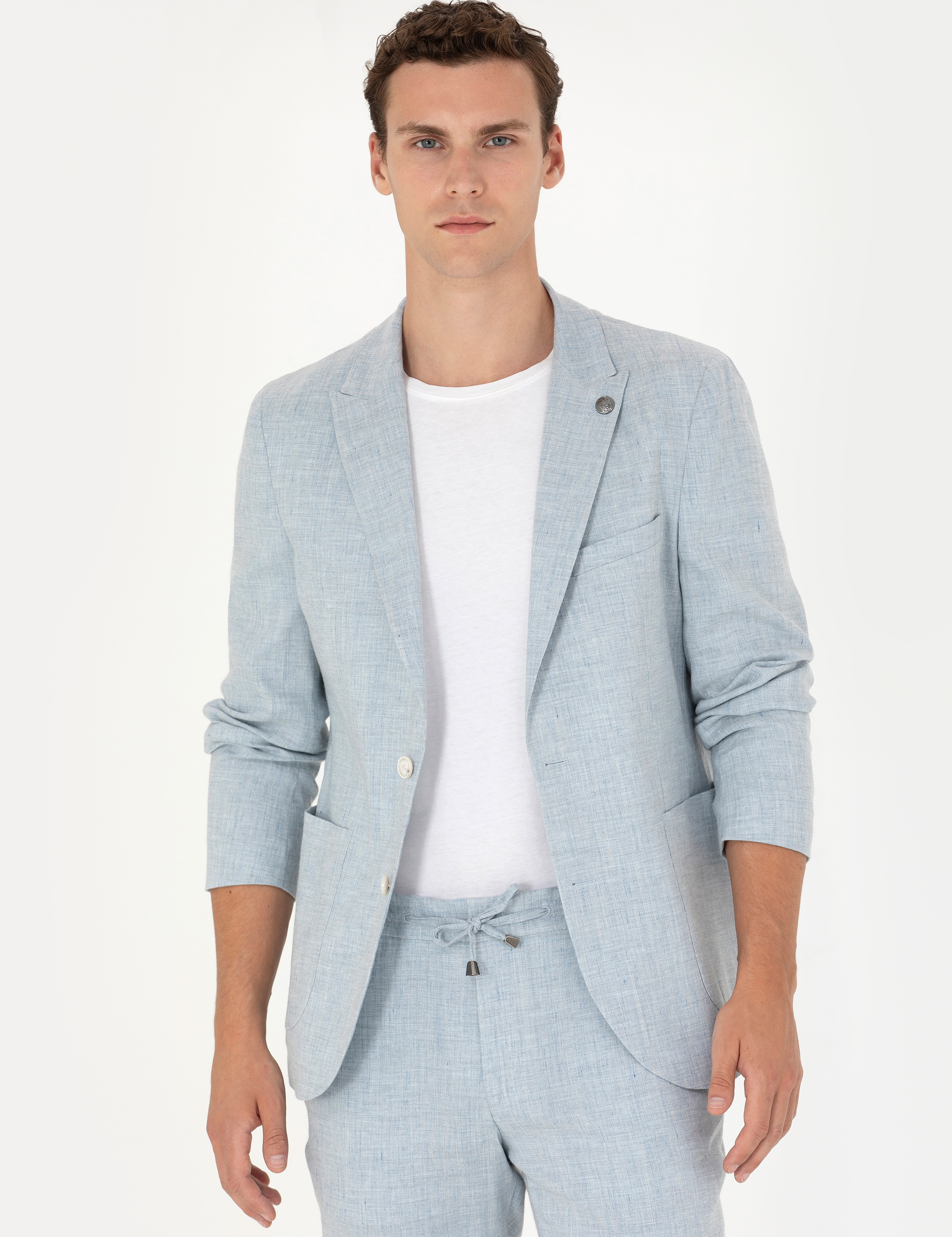 Açık Mavi Ekstra Slim Fit Keten Karışımlı Takım Elbise - Image 4