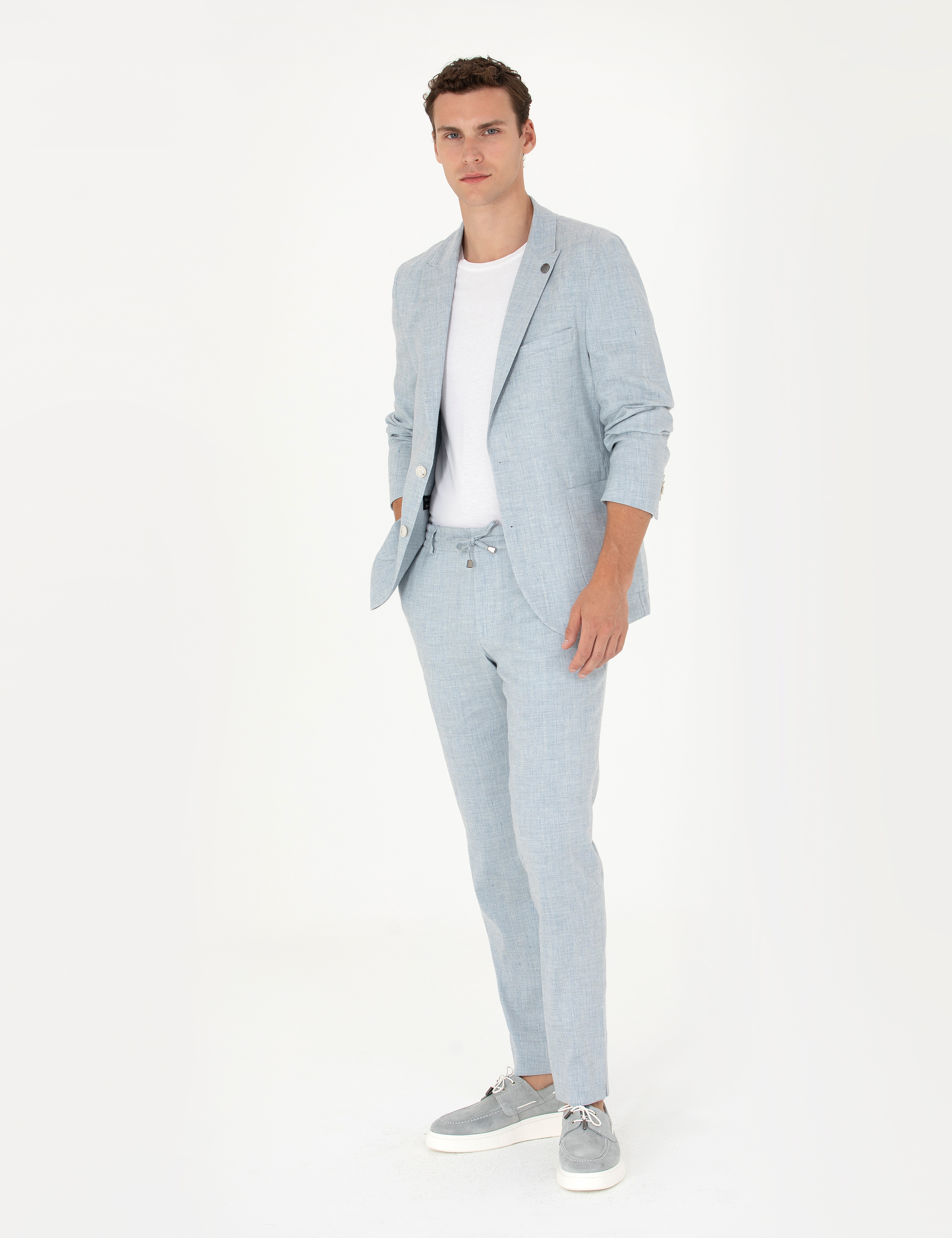 Açık Mavi Ekstra Slim Fit Keten Karışımlı Takım Elbise - Image 1