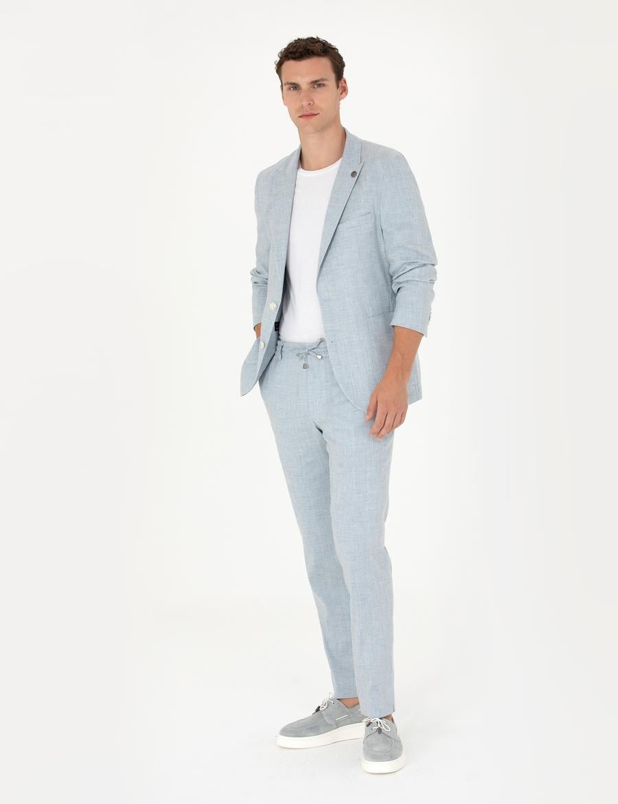 Açık Mavi Ekstra Slim Fit Keten Karışımlı Takım Elbise