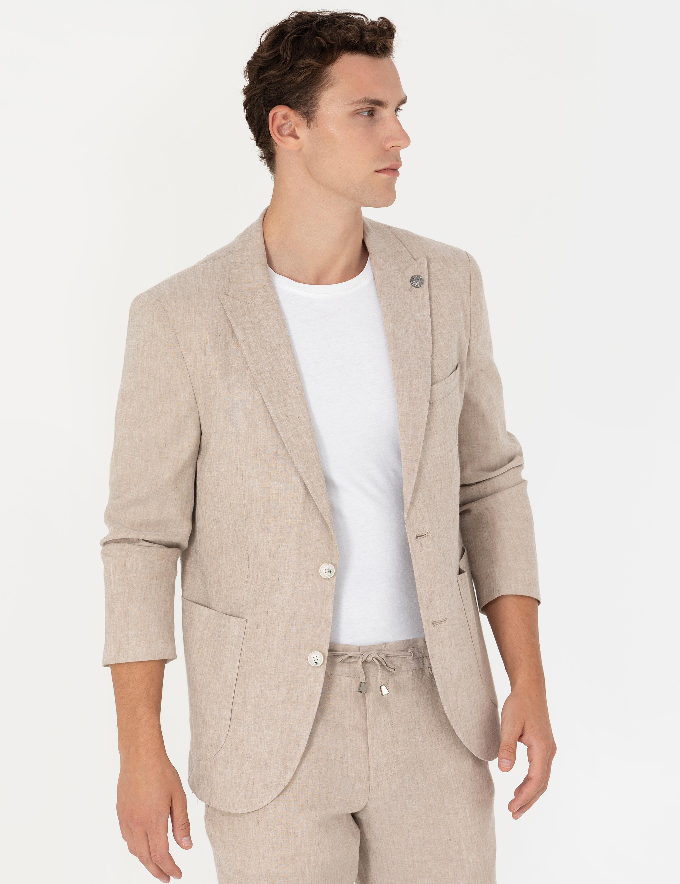 Açık Kahverengi Ekstra Slim Fit Keten Karışımlı Takım Elbise