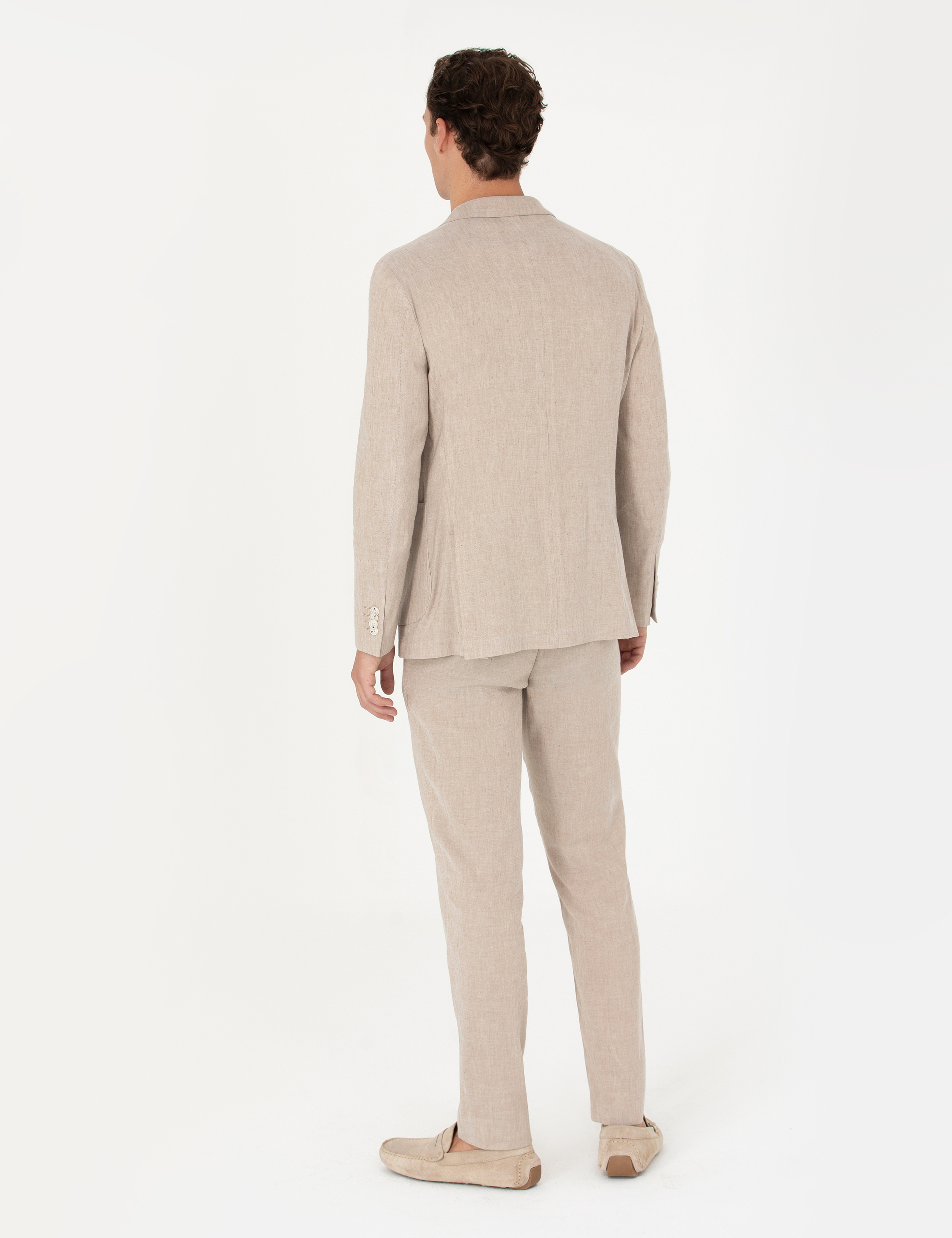 Açık Kahverengi Ekstra Slim Fit Keten Karışımlı Takım Elbise