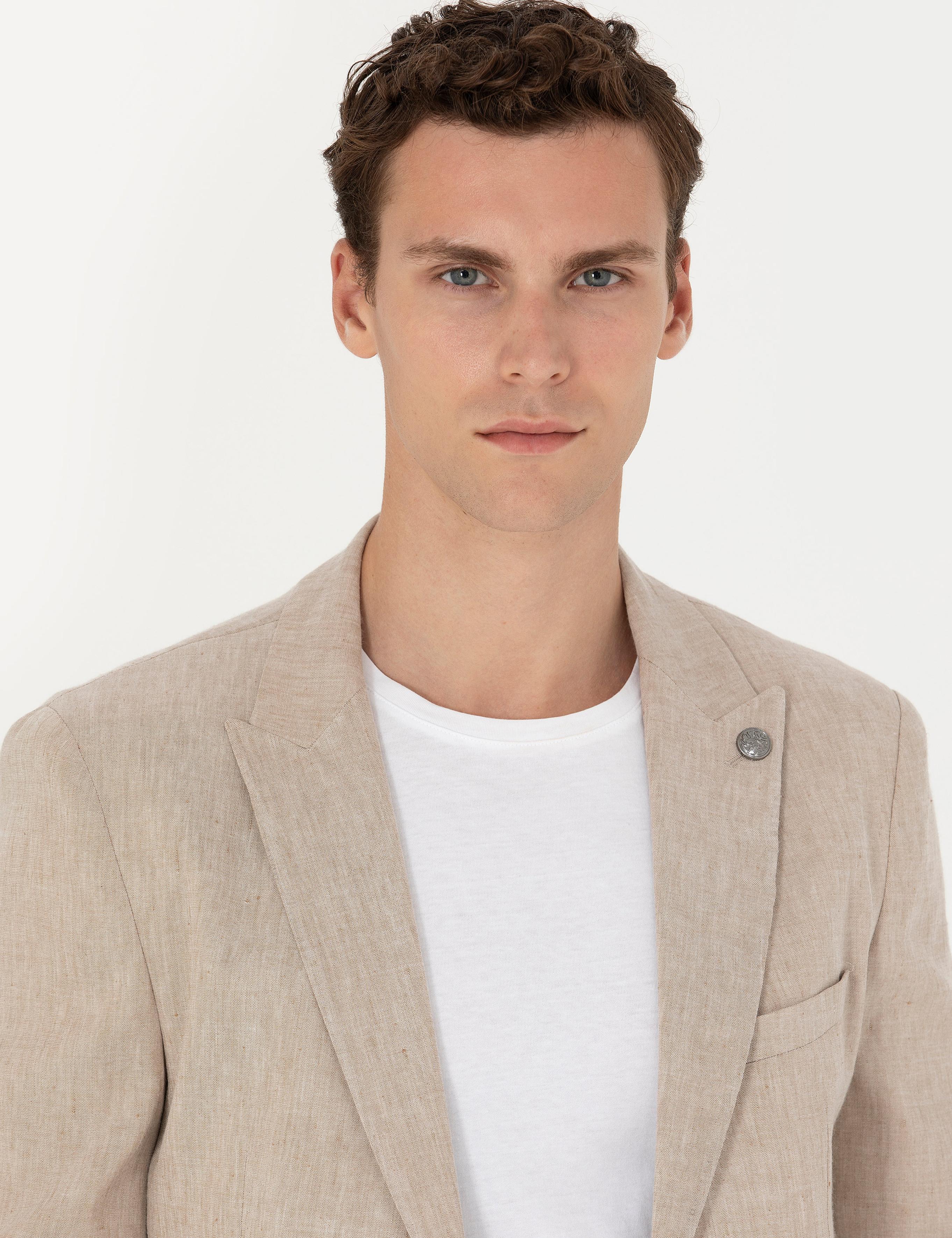 Açık Kahverengi Ekstra Slim Fit Keten Karışımlı Takım Elbise