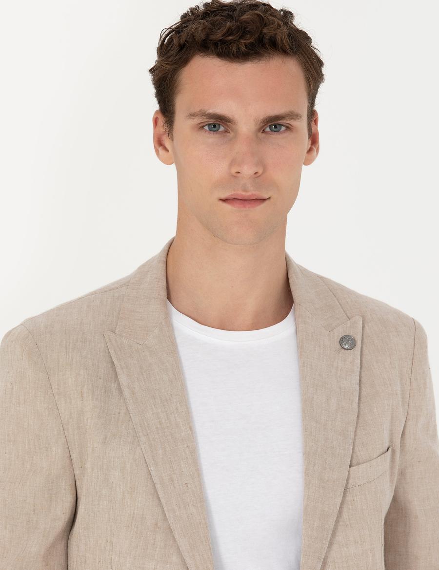 Açık Kahverengi Ekstra Slim Fit Keten Karışımlı Takım Elbise