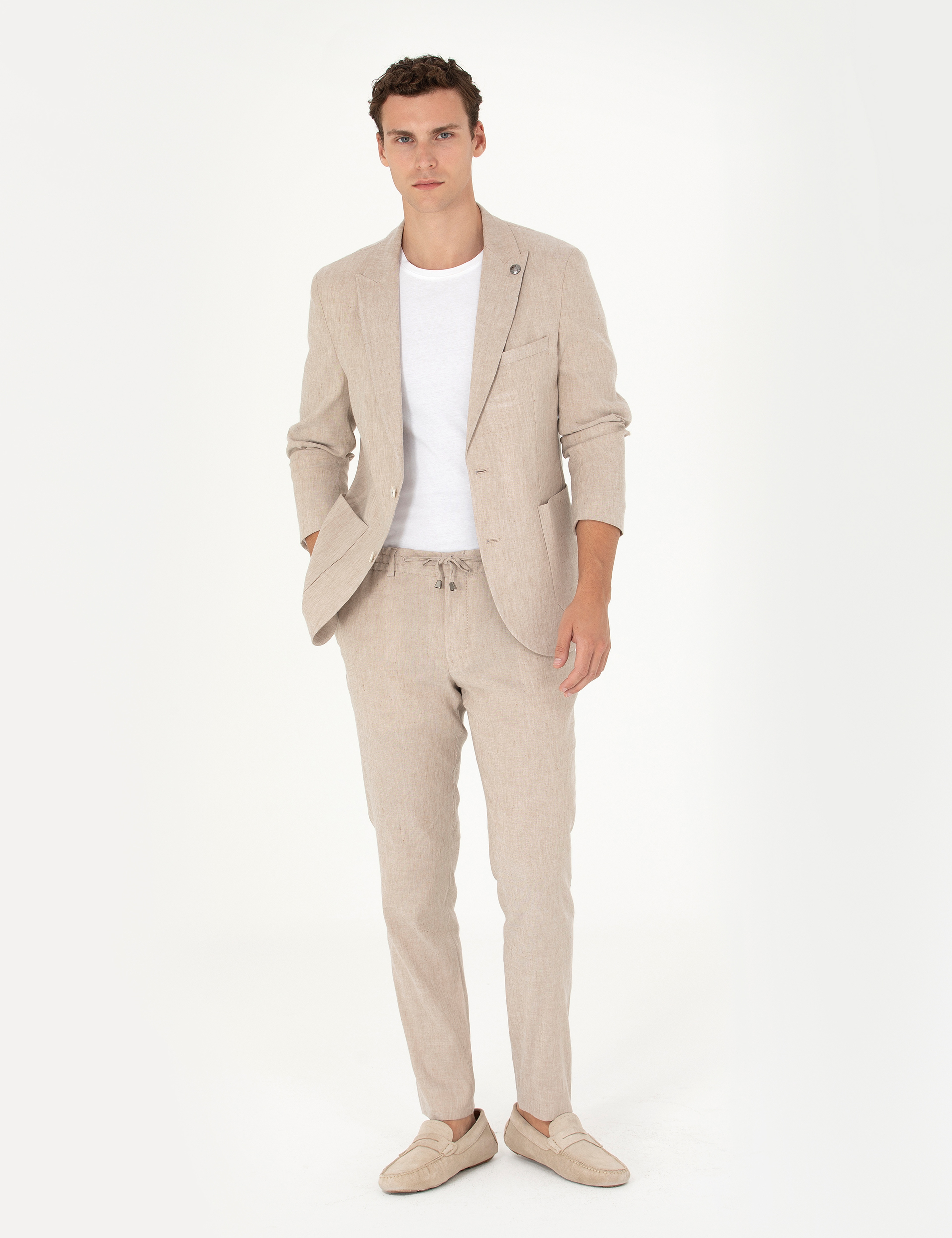 Açık Kahverengi Ekstra Slim Fit Keten Karışımlı Takım Elbise - Image 1