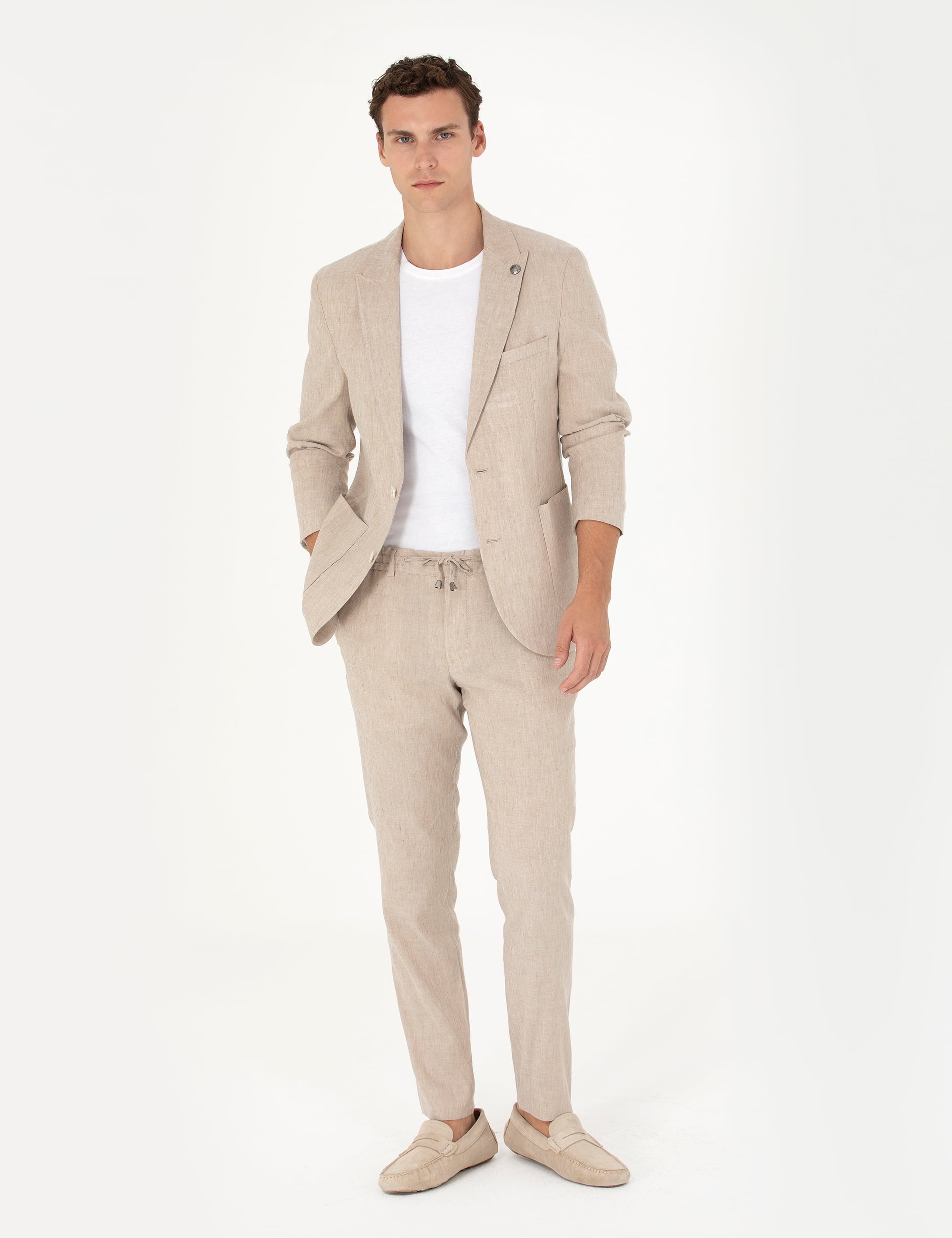 Açık Kahverengi Ekstra Slim Fit Keten Karışımlı Takım Elbise
